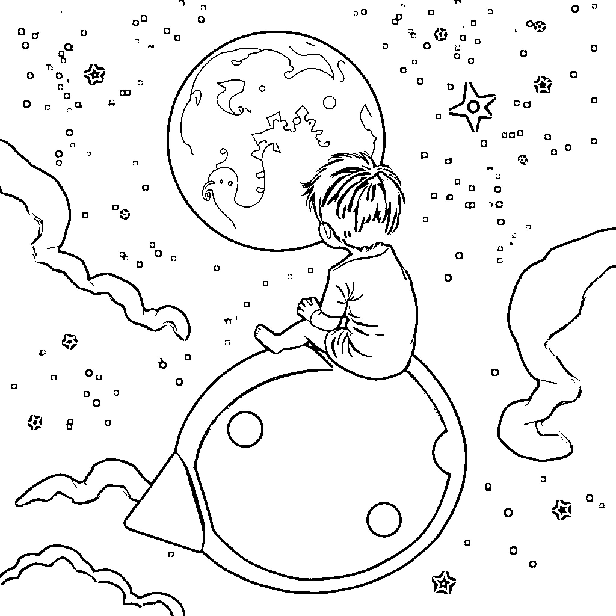 Bambino exploring the starry night sky Coloring Page (free black-and-white line drawing printable PDF for all, from beginners to advanced learners, including children, teens, adults, and seniors)