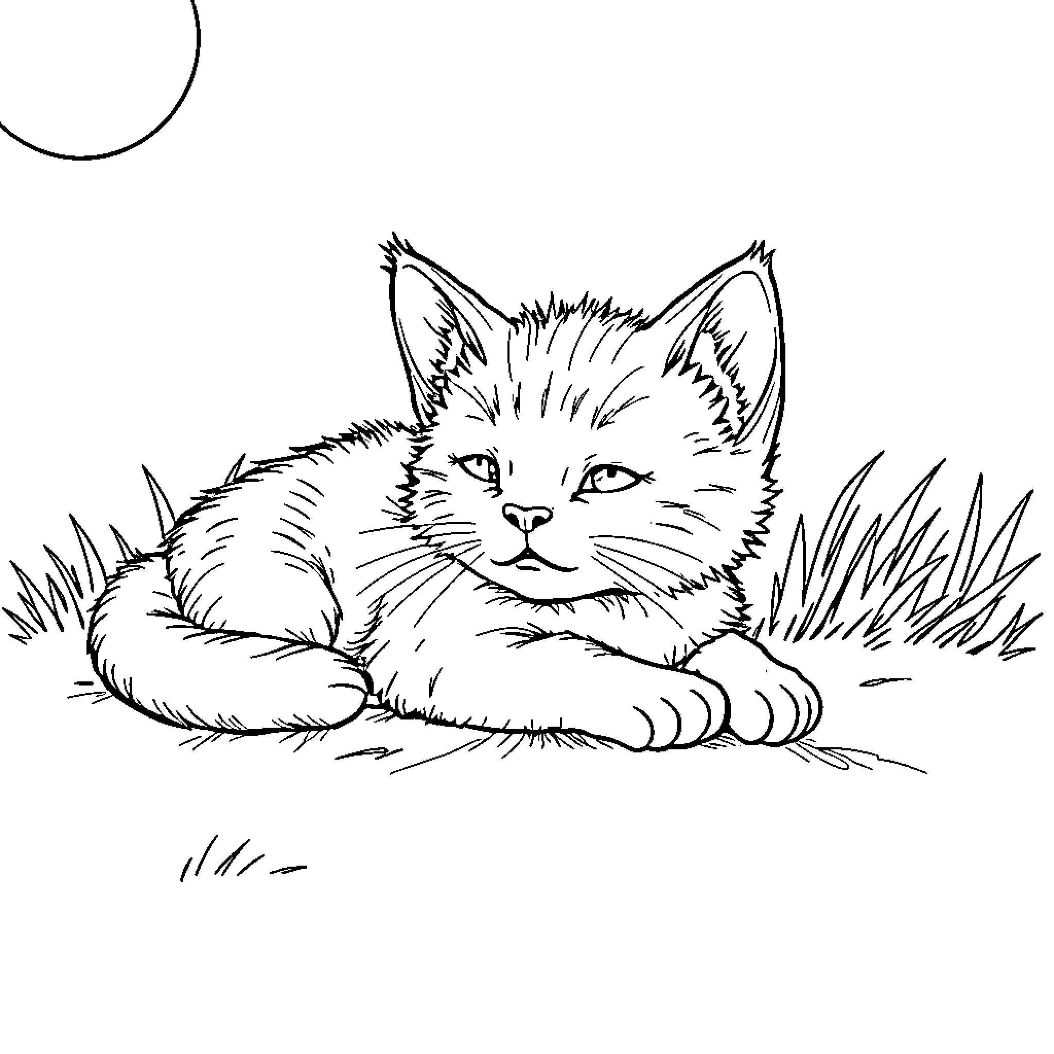 Cat relaxing in the grass Coloring Page (free black-and-white line drawing printable PDF for all, from beginners to advanced learners, including children, teens, adults, and seniors)