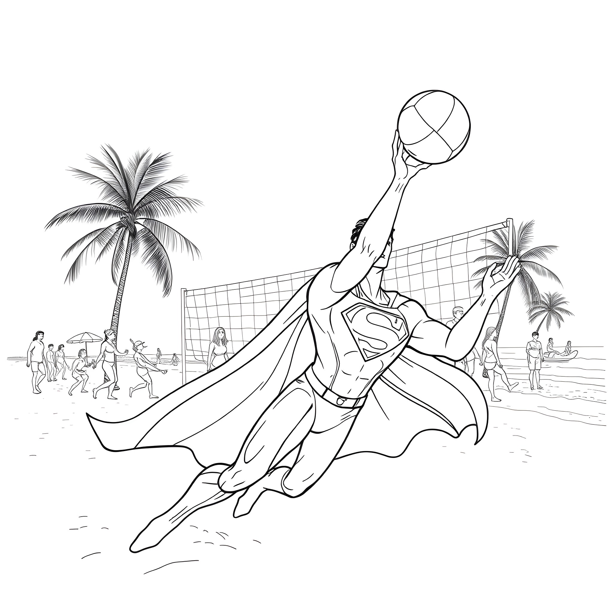 Superman playing volleyball on the beach Coloring Page (free black-and-white line drawing printable PDF for all, from beginners to advanced learners, including children, teens, adults, and seniors)