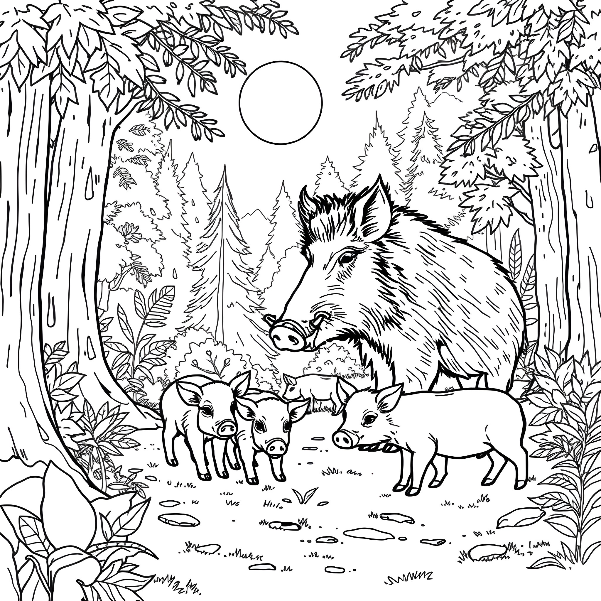 Wildboar and its family in the forest Coloring Page (free black-and-white line drawing printable PDF for all, from beginners to advanced learners, including children, teens, adults, and seniors)