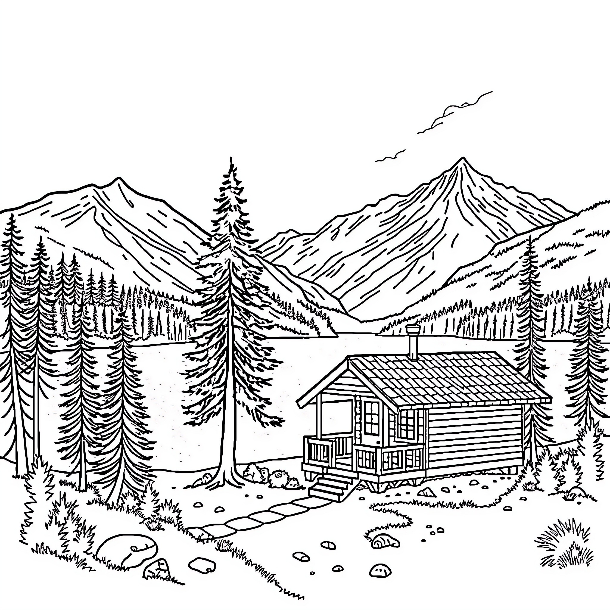 Cabin in the Snowy Mountain Landscape Coloring Page (free black-and-white line drawing printable PDF for all, from beginners to advanced learners, including children, teens, adults, and seniors)