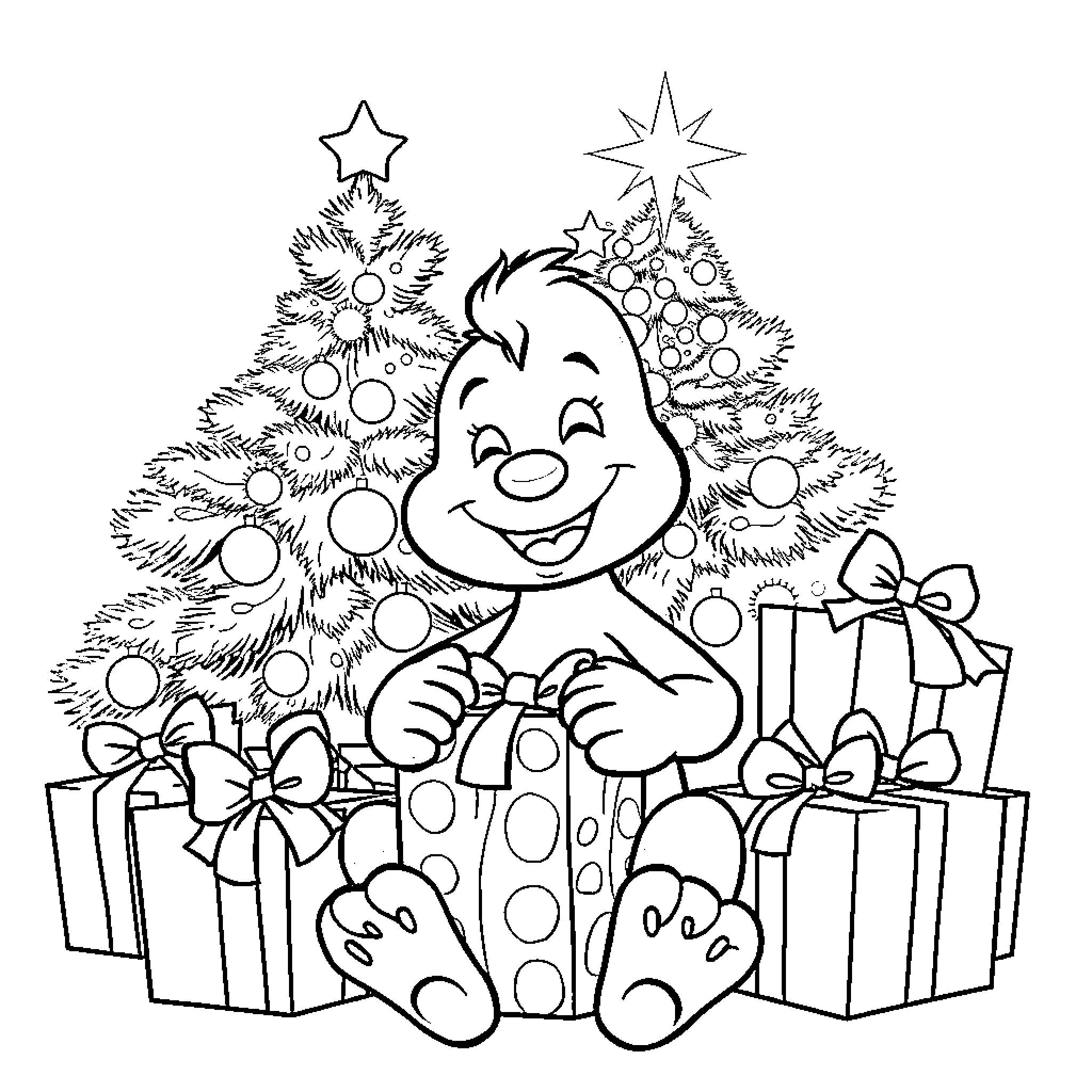 Bluey celebrating Christmas with presents and trees Coloring Page (free black-and-white line drawing printable PDF for all, from beginners to advanced learners, including children, teens, adults, and seniors)