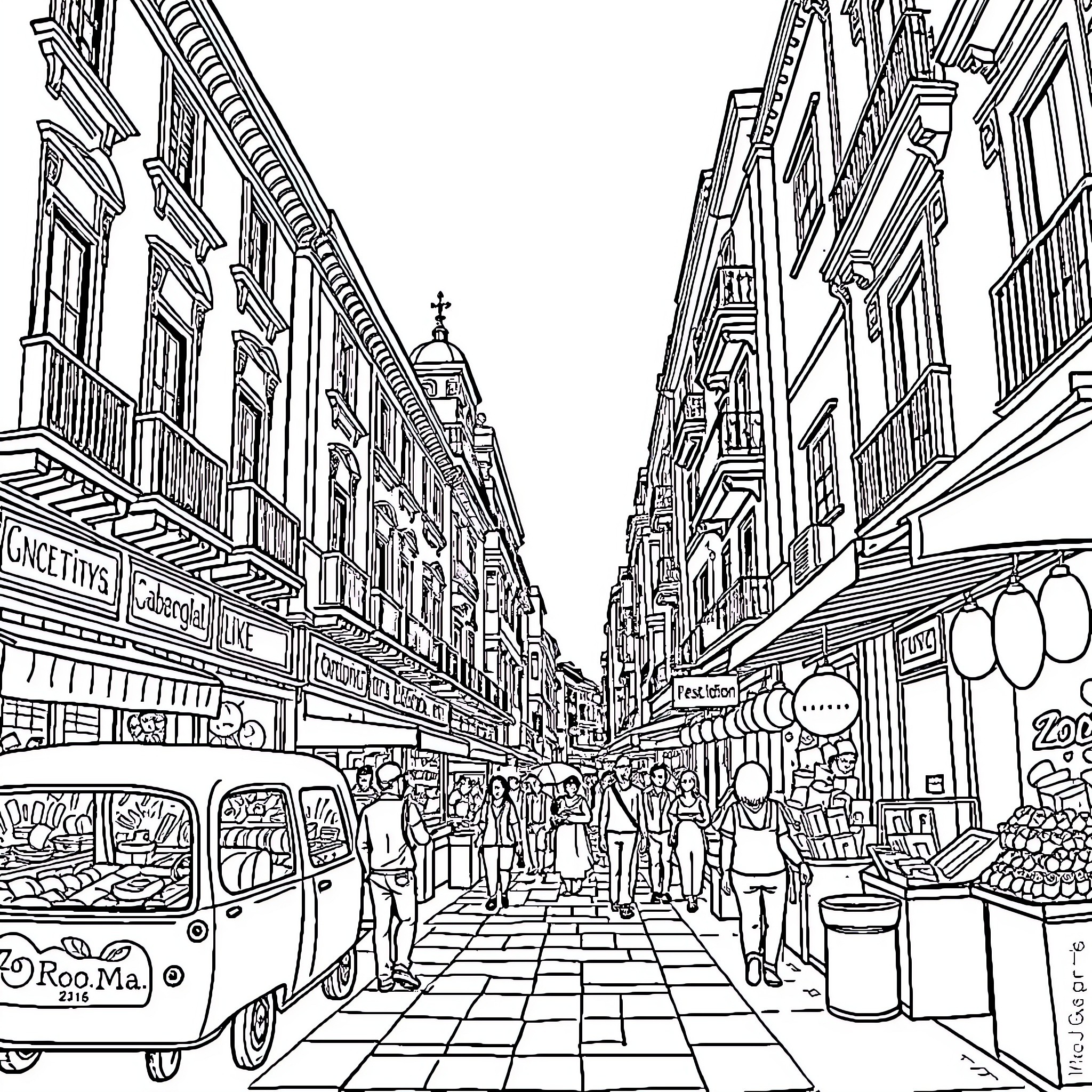 Zoro's lively city street scene with busy shops and people Coloring Page (free black-and-white line drawing printable PDF for all, from beginners to advanced learners, including children, teens, adults, and seniors)