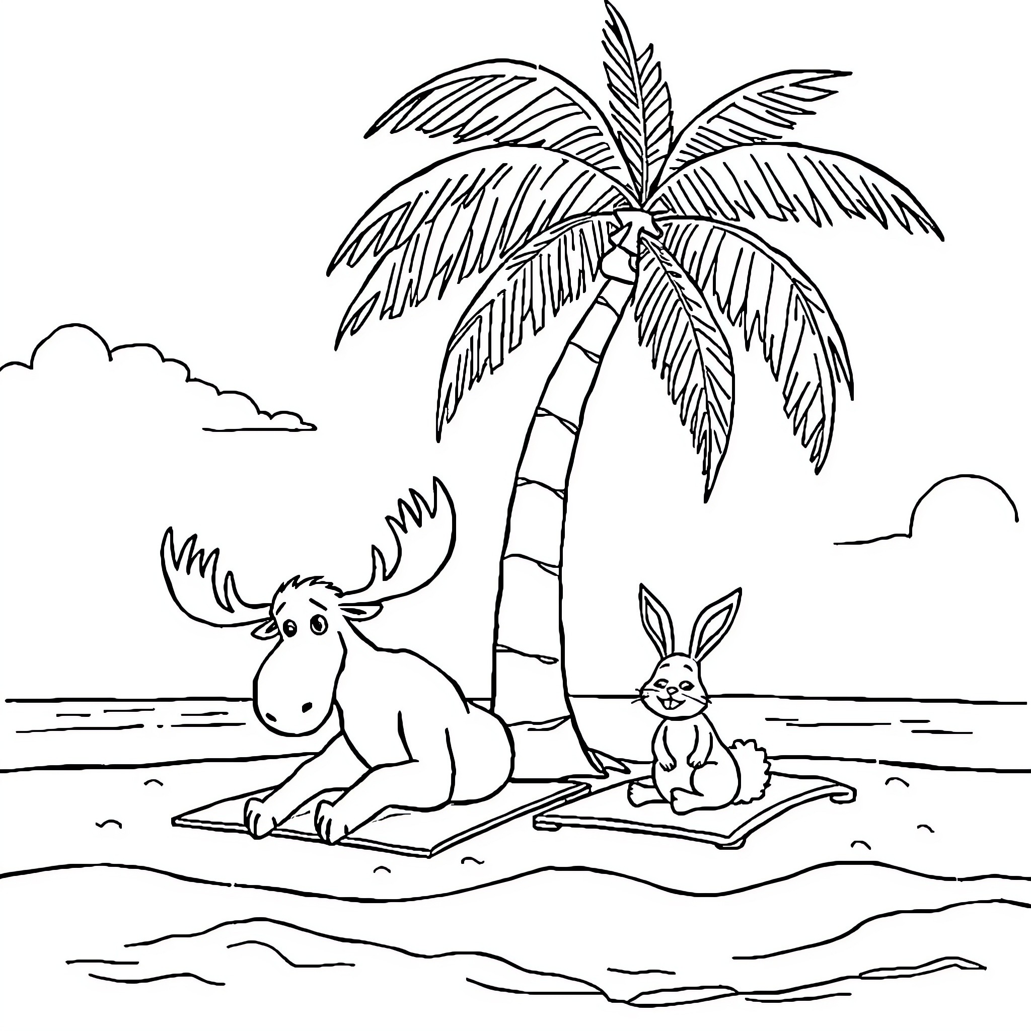 Moose and Rabbit Relaxing Under Palm Tree Coloring Page (free black-and-white line drawing printable PDF for all, from beginners to advanced learners, including children, teens, adults, and seniors)