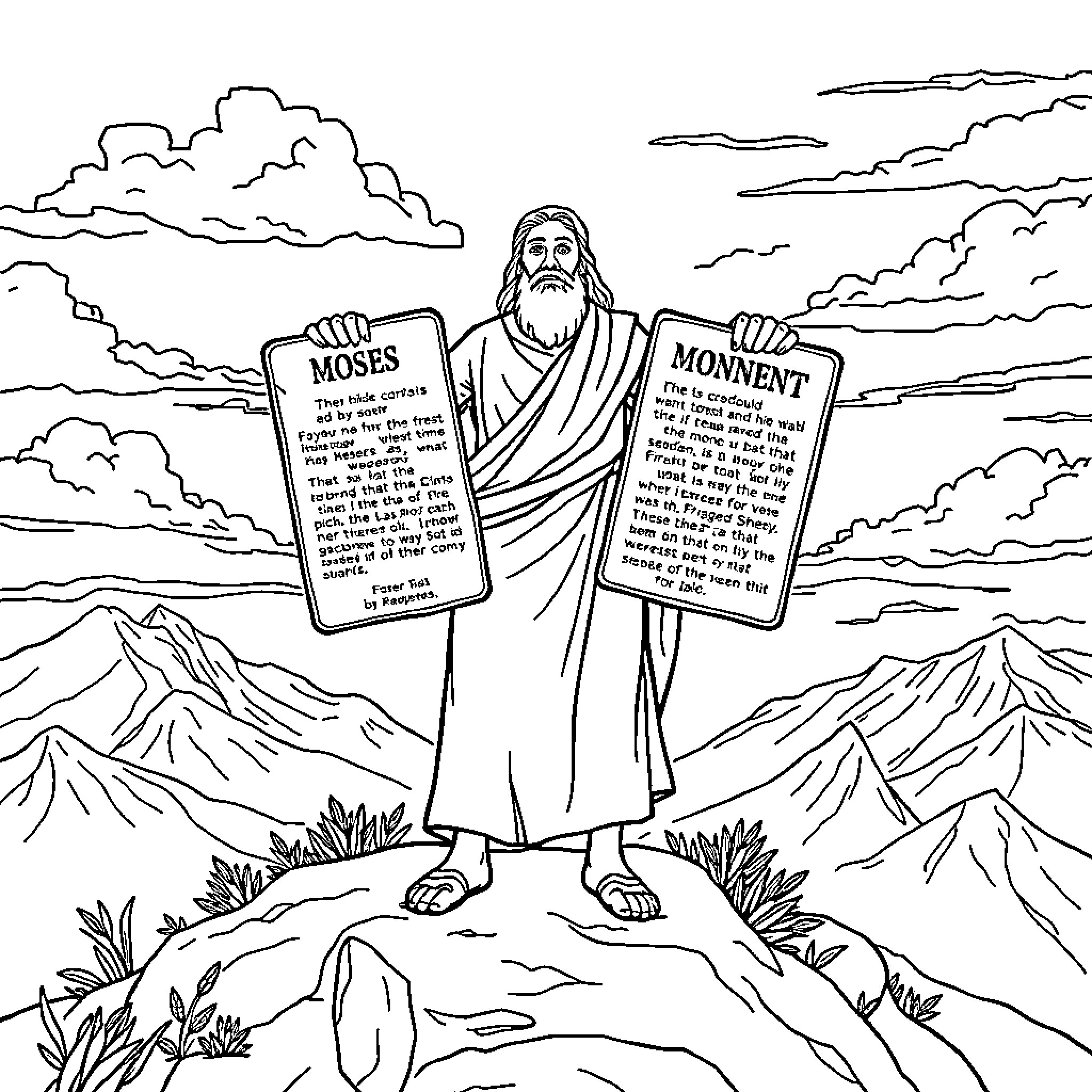 Moses presenting the Ten Commandments on Mount Sinai Coloring Page (free black-and-white line drawing printable PDF for all, from beginners to advanced learners, including children, teens, adults, and seniors)