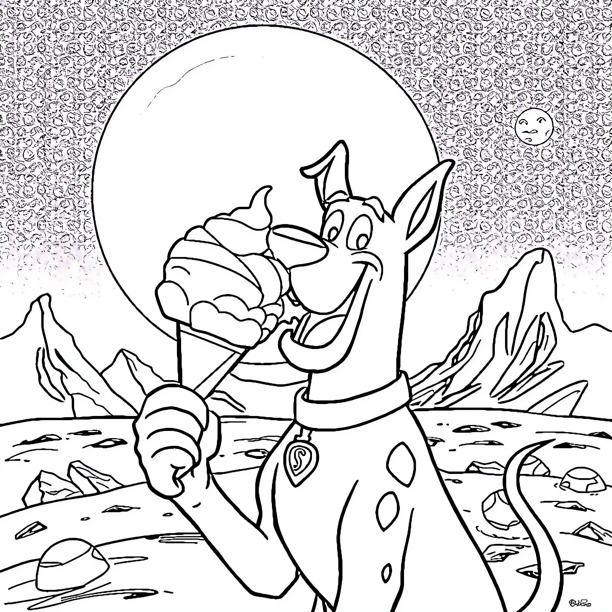 Scooby Doo having a spooky adventure in the mountains Coloring Page (free black-and-white line drawing printable PDF for all, from beginners to advanced learners, including children, teens, adults, and seniors)