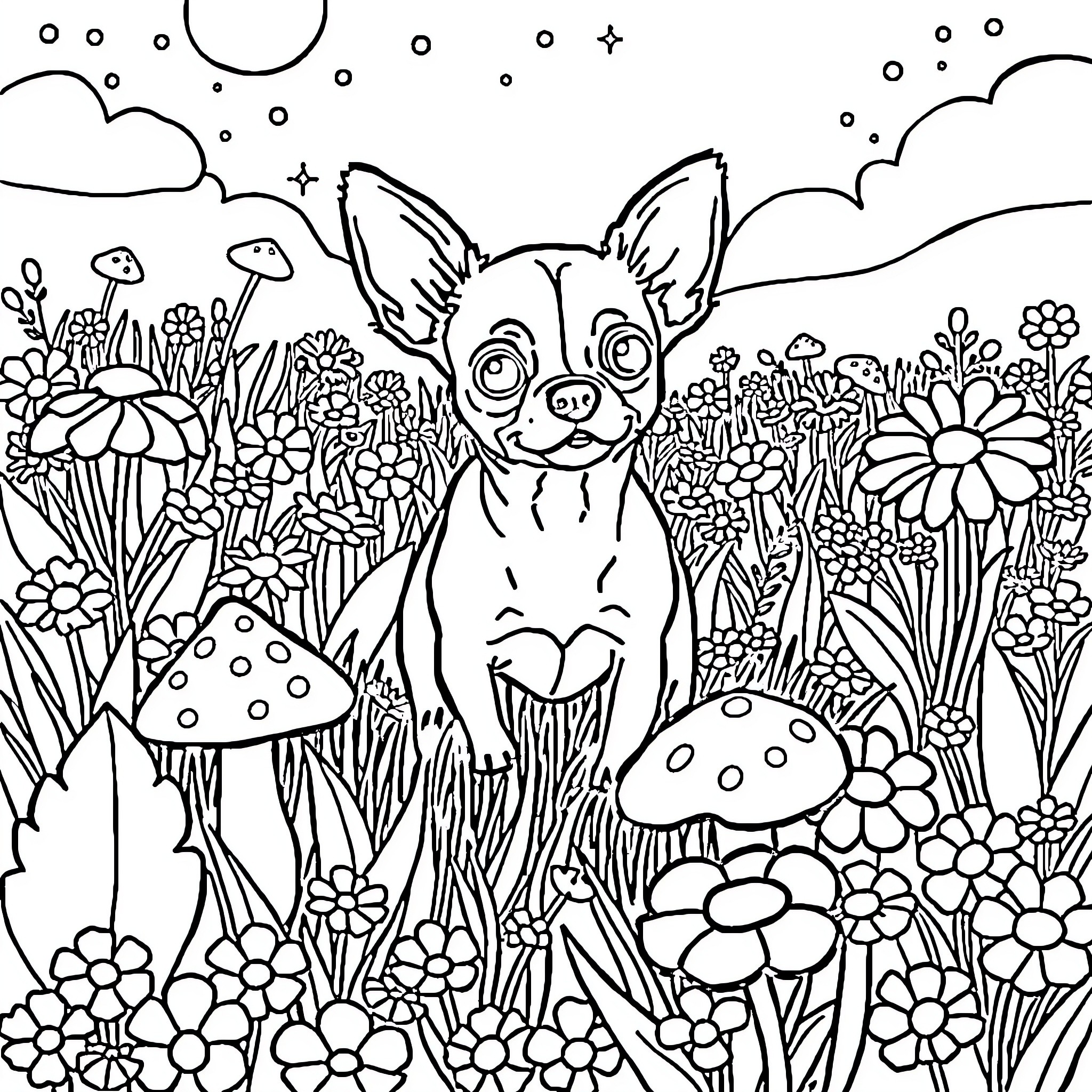 Chihuahua exploring a whimsical garden scene Coloring Page (free black-and-white line drawing printable PDF for all, from beginners to advanced learners, including children, teens, adults, and seniors)
