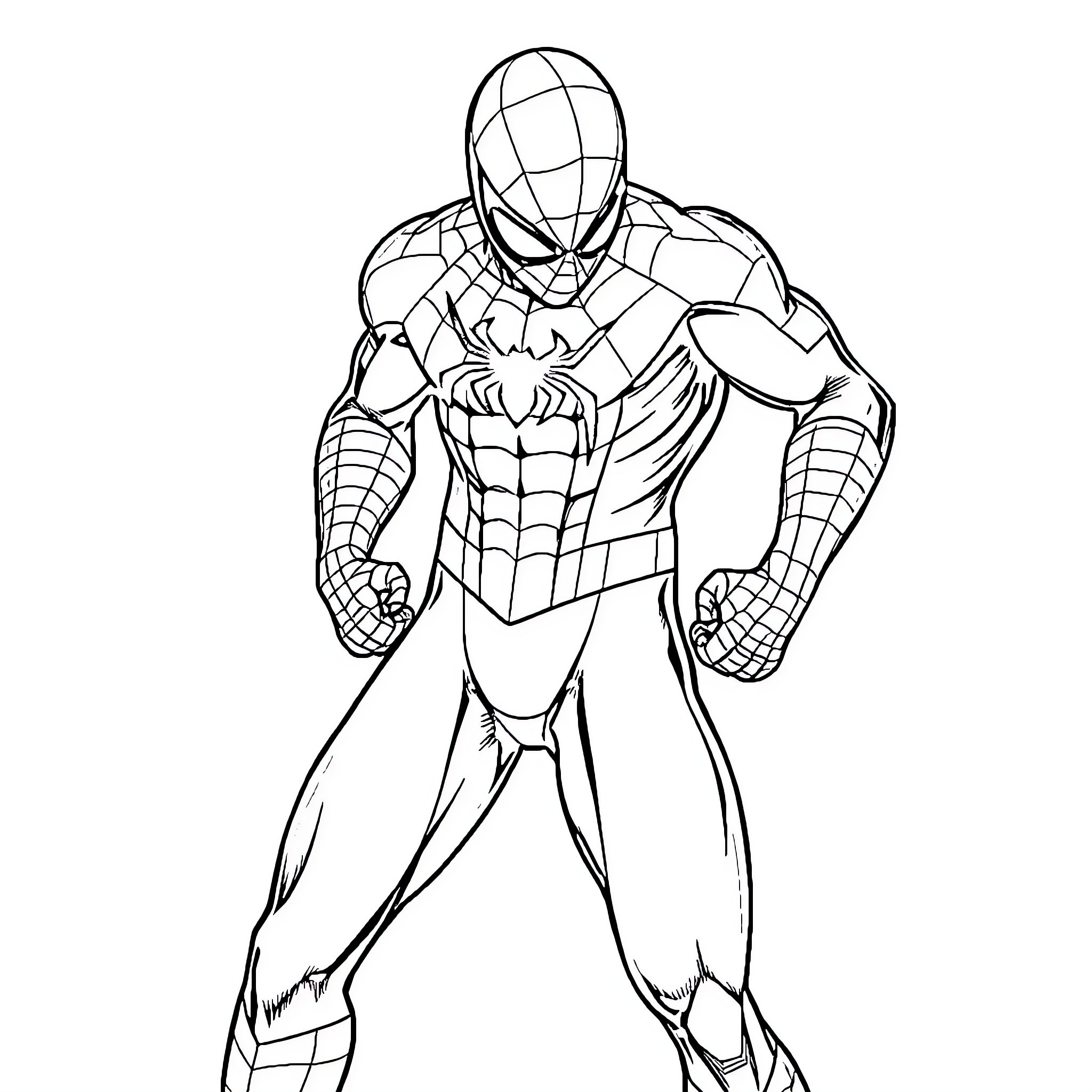 Spiderman in action-packed pose Coloring Page (free black-and-white line drawing printable PDF for all, from beginners to advanced learners, including children, teens, adults, and seniors)