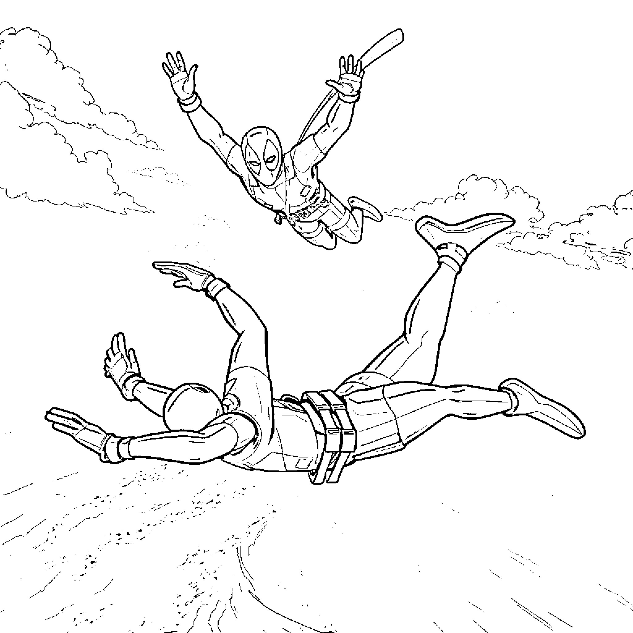 Deadpool characters skydiving and performing acrobatic stunts Coloring Page (free black-and-white line drawing printable PDF for all, from beginners to advanced learners, including children, teens, adults, and seniors)