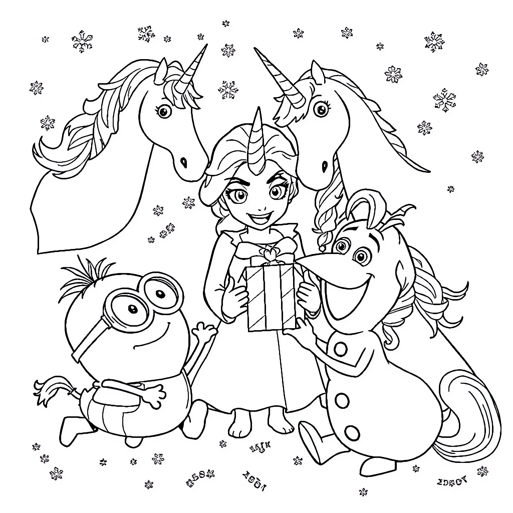Minion celebrating with unicorns and gift Coloring Page (free black-and-white line drawing printable PDF for all, from beginners to advanced learners, including children, teens, adults, and seniors)