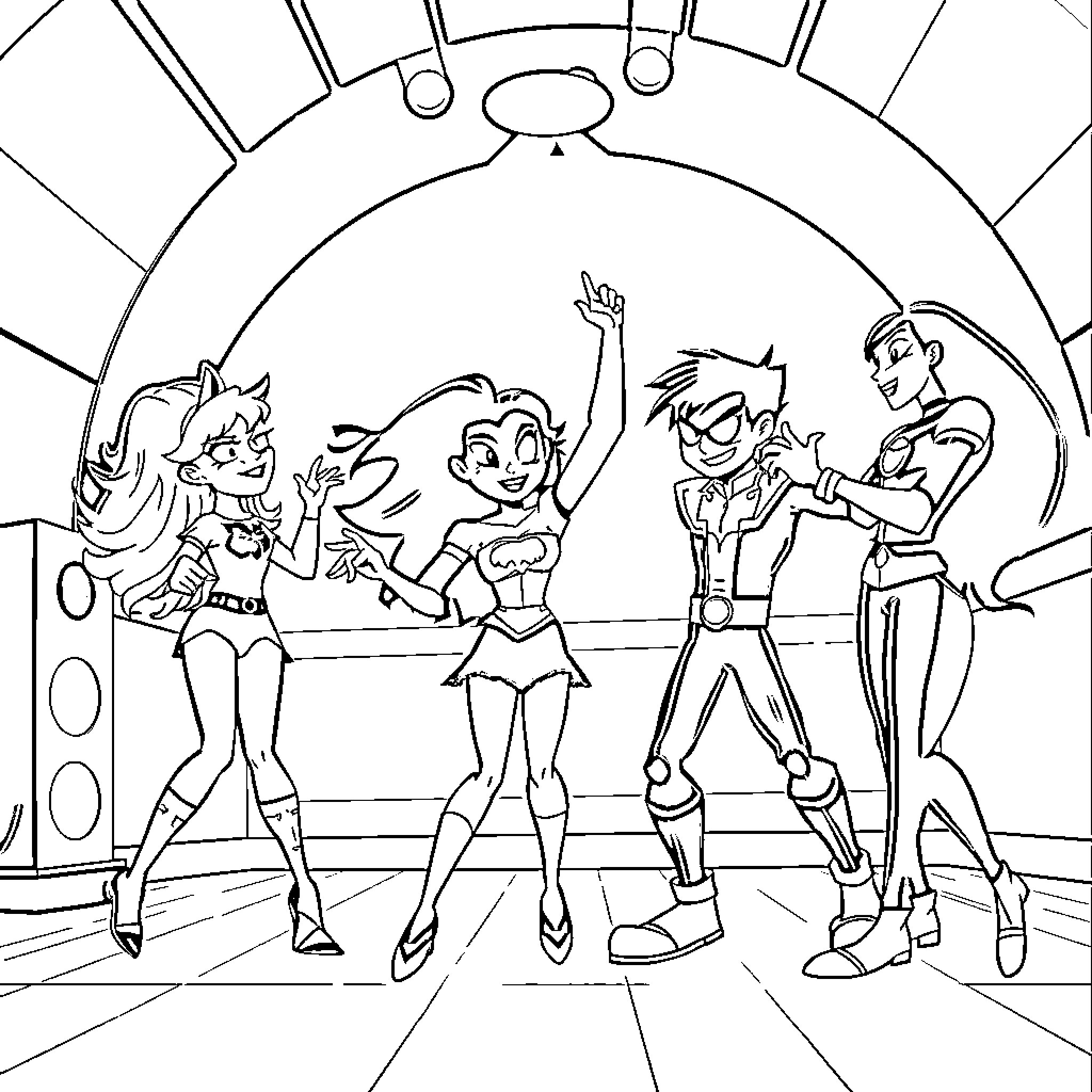 Teen Titans Performing On Stage Coloring Page (free black-and-white line drawing printable PDF for all, from beginners to advanced learners, including children, teens, adults, and seniors)