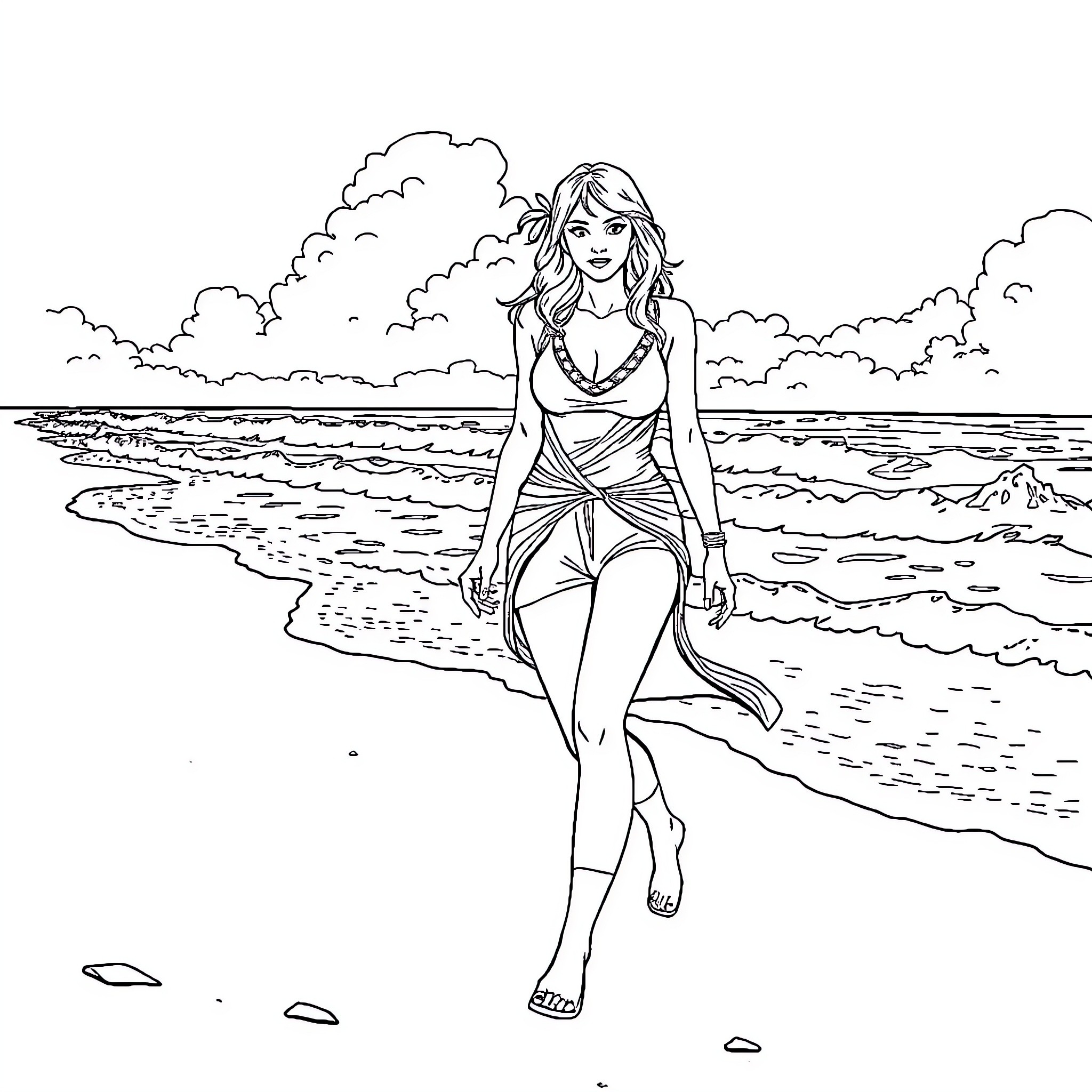 Rhea Ripley relaxing on the beach Coloring Page (free black-and-white line drawing printable PDF for all, from beginners to advanced learners, including children, teens, adults, and seniors)