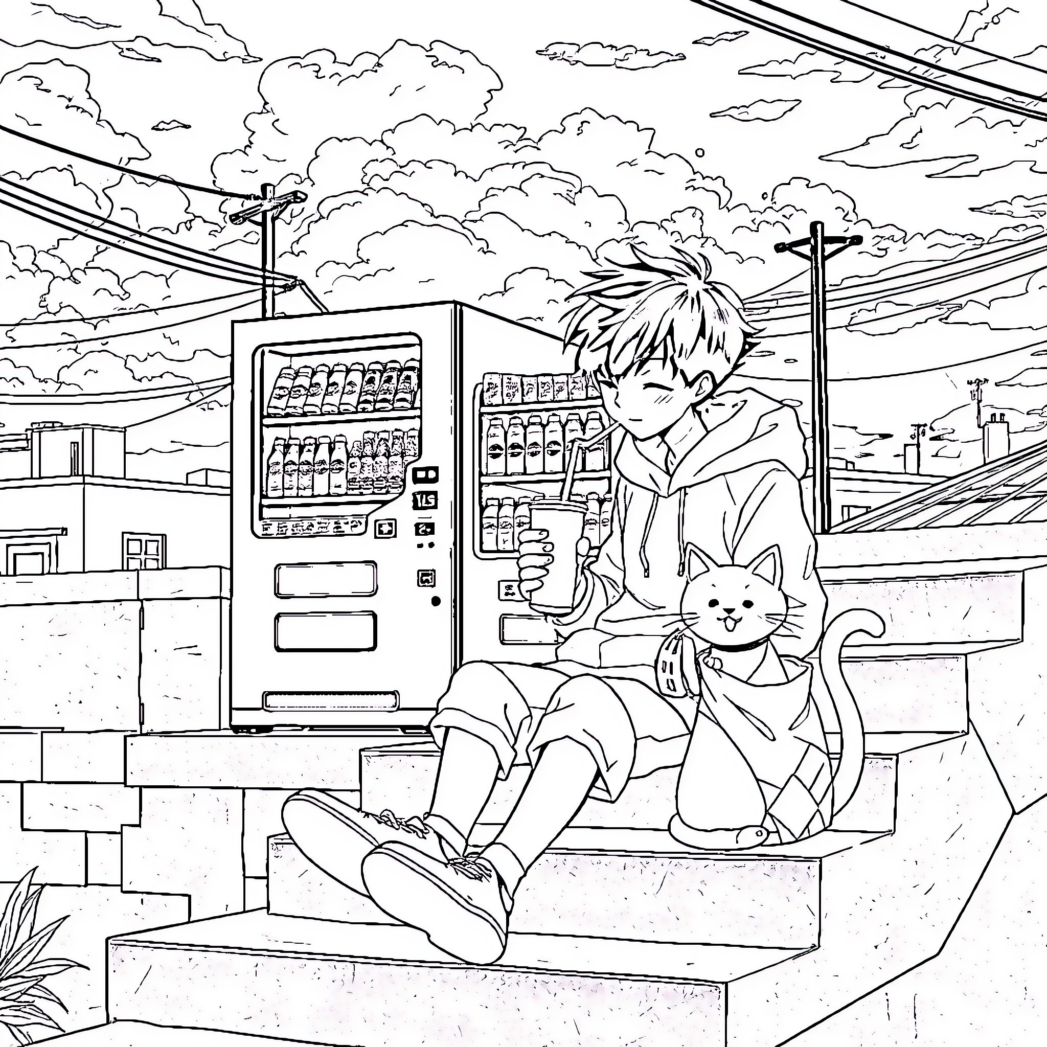 Boy and his cat in front of vending machines Coloring Page (free black-and-white line drawing printable PDF for all, from beginners to advanced learners, including children, teens, adults, and seniors)