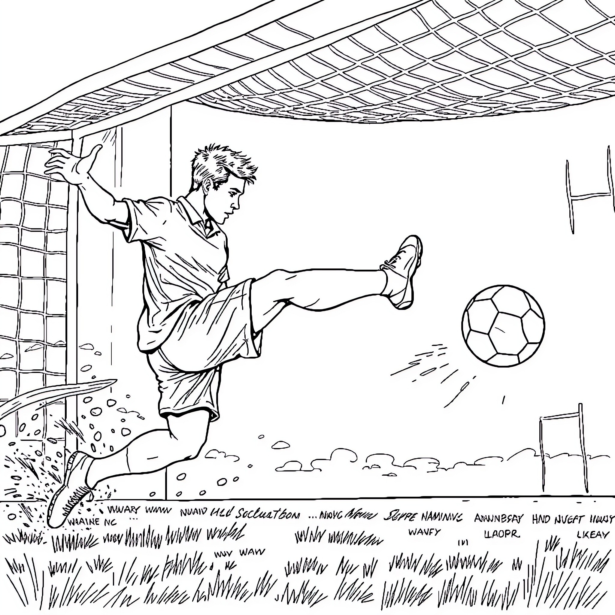 Soccer Player Kicking Ball Passionately on Field Coloring Page (free black-and-white line drawing printable PDF for all, from beginners to advanced learners, including children, teens, adults, and seniors)