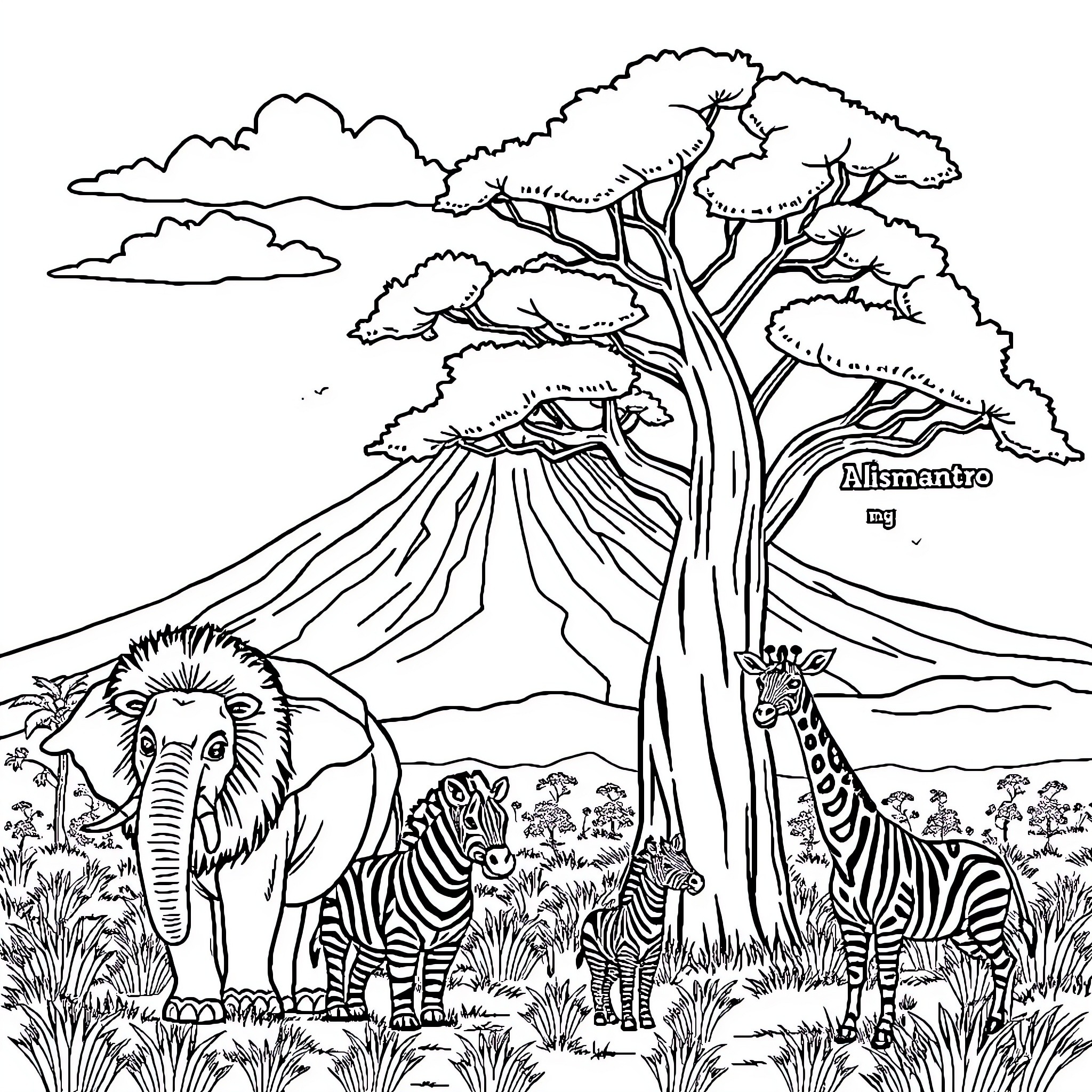 Safari Animal Scene with Elephants and Zebras Coloring Page (free black-and-white line drawing printable PDF for all, from beginners to advanced learners, including children, teens, adults, and seniors)