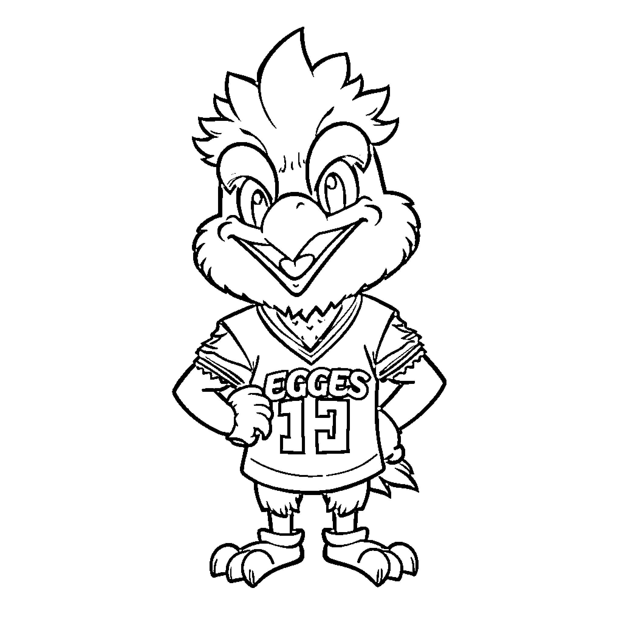 Eagle-themed mascot in sports jersey Coloring Page (free black-and-white line drawing printable PDF for all, from beginners to advanced learners, including children, teens, adults, and seniors)