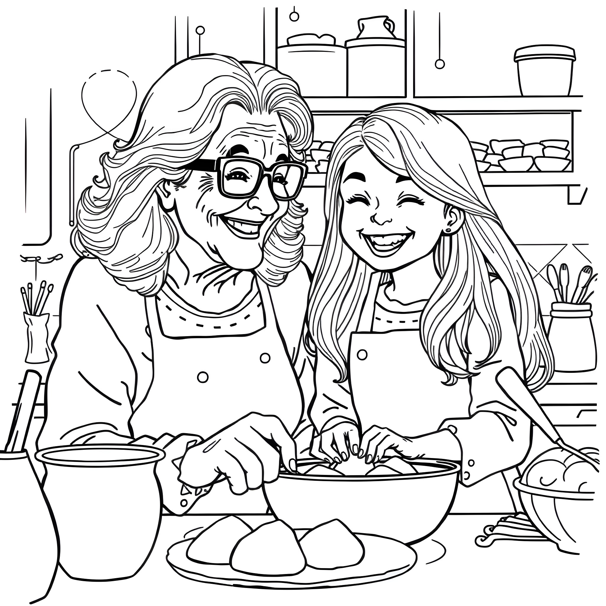 Woman baking with young girl in kitchen Coloring Page (free black-and-white line drawing printable PDF for all, from beginners to advanced learners, including children, teens, adults, and seniors)