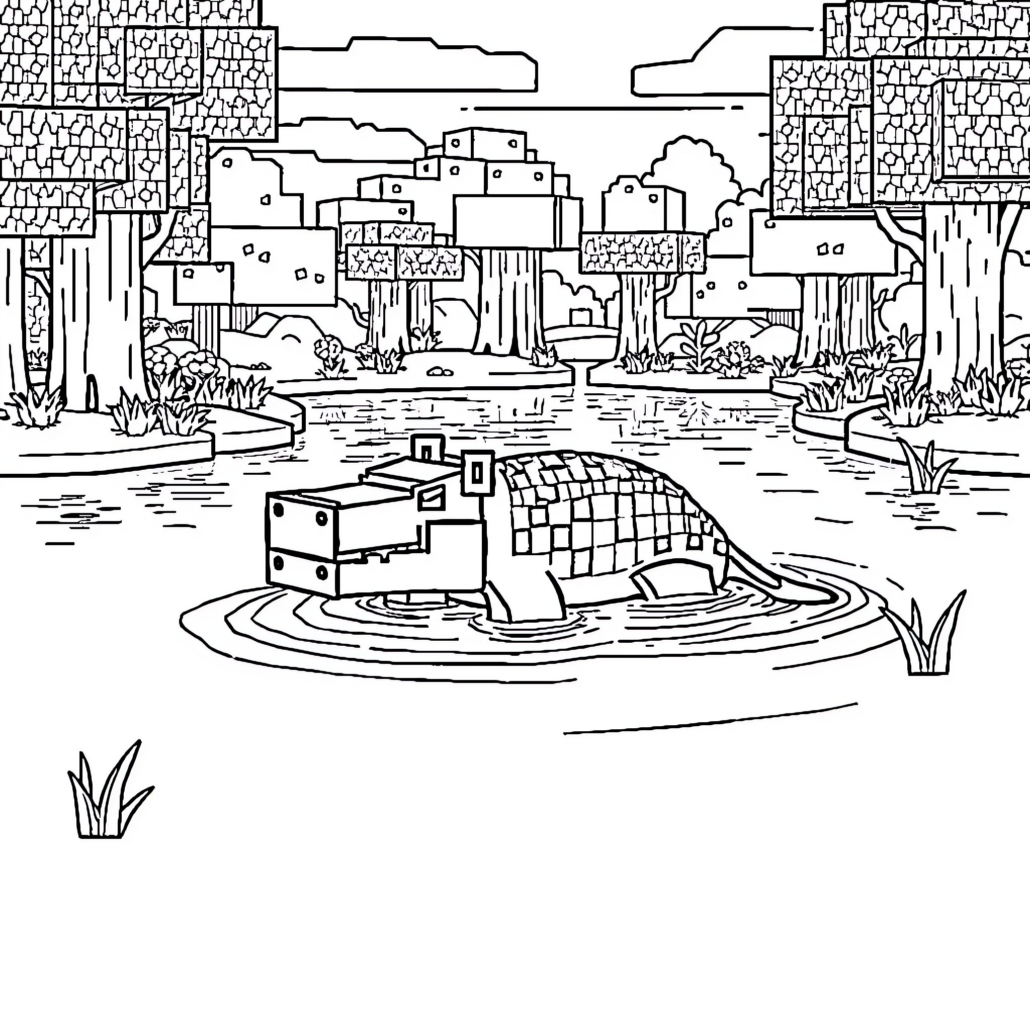Capybara swimming in a pond in the city Coloring Page (free black-and-white line drawing printable PDF for all, from beginners to advanced learners, including children, teens, adults, and seniors)