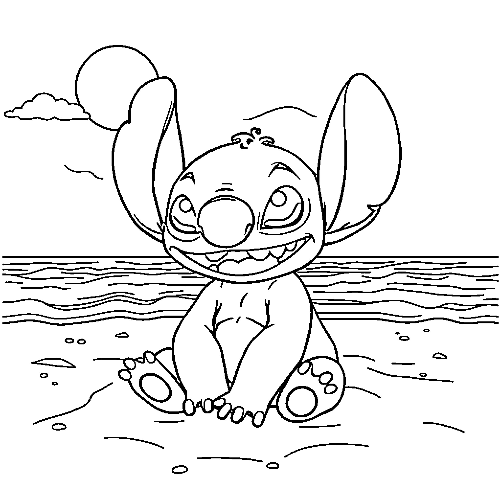 Stitch playing joyfully on the beach Coloring Page (free black-and-white line drawing printable PDF for all, from beginners to advanced learners, including children, teens, adults, and seniors)