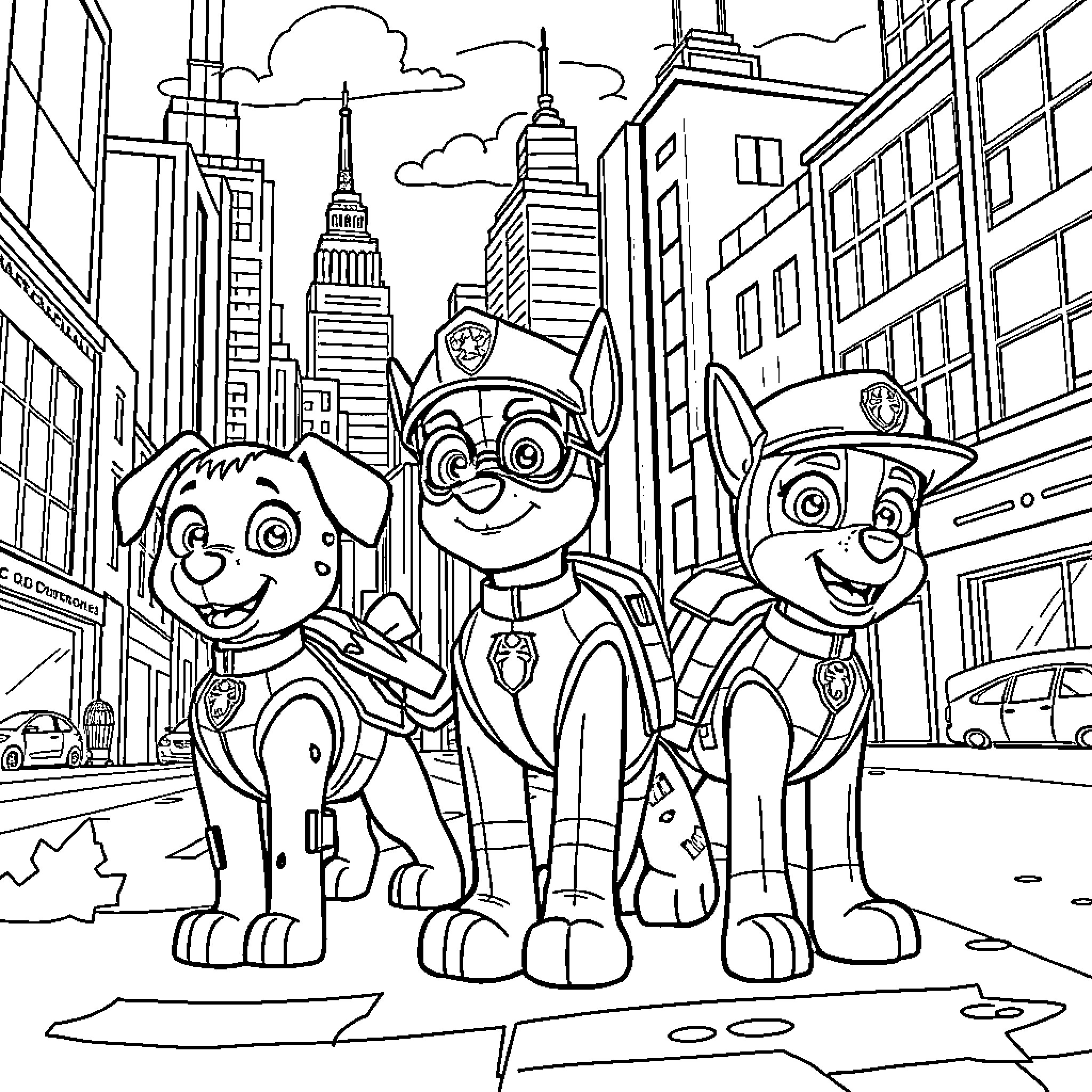 Paw Patrol Pups Exploring the City Coloring Page (free black-and-white line drawing printable PDF for all, from beginners to advanced learners, including children, teens, adults, and seniors)