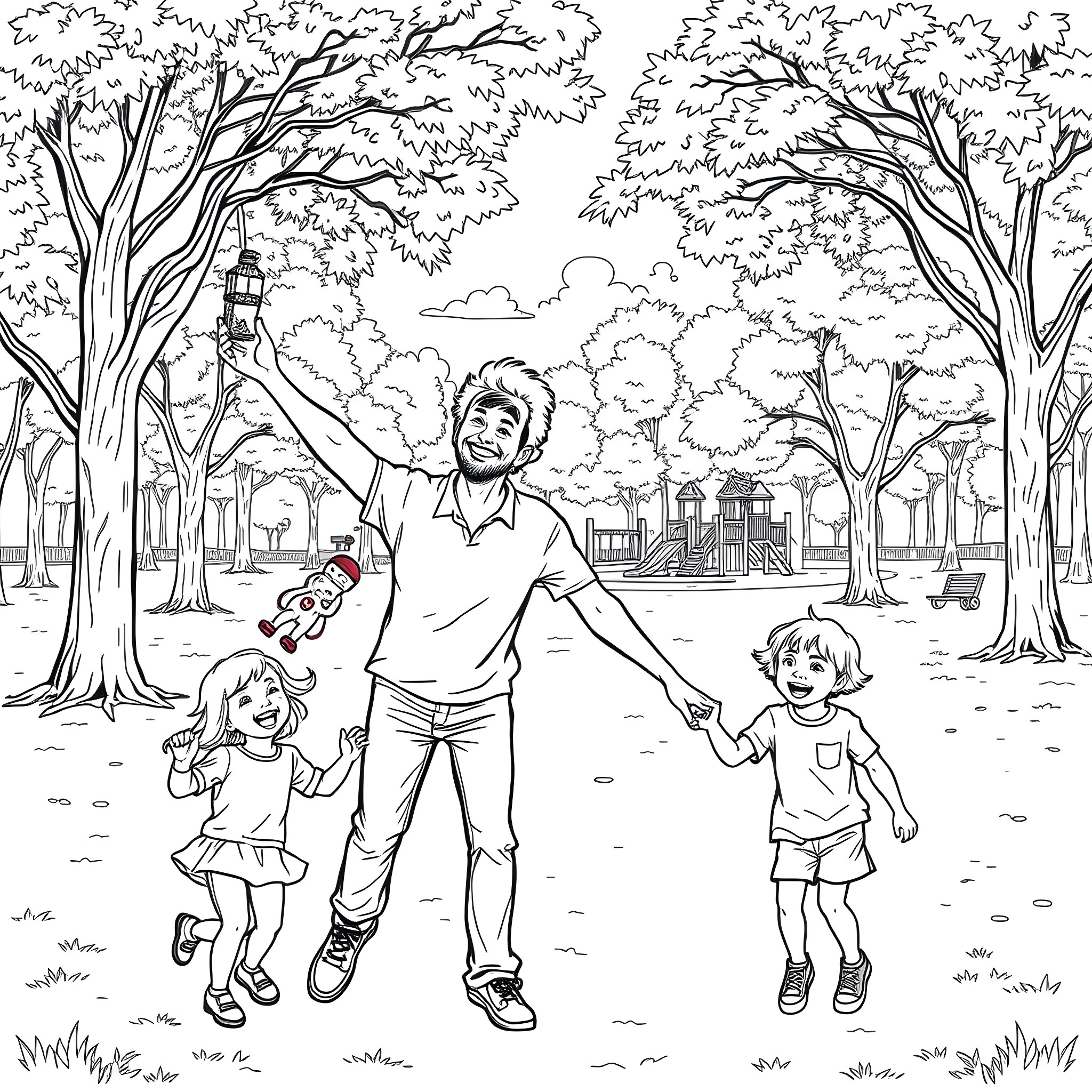 Dad spending a fun day with his kids in the park Coloring Page (free black-and-white line drawing printable PDF for all, from beginners to advanced learners, including children, teens, adults, and seniors)