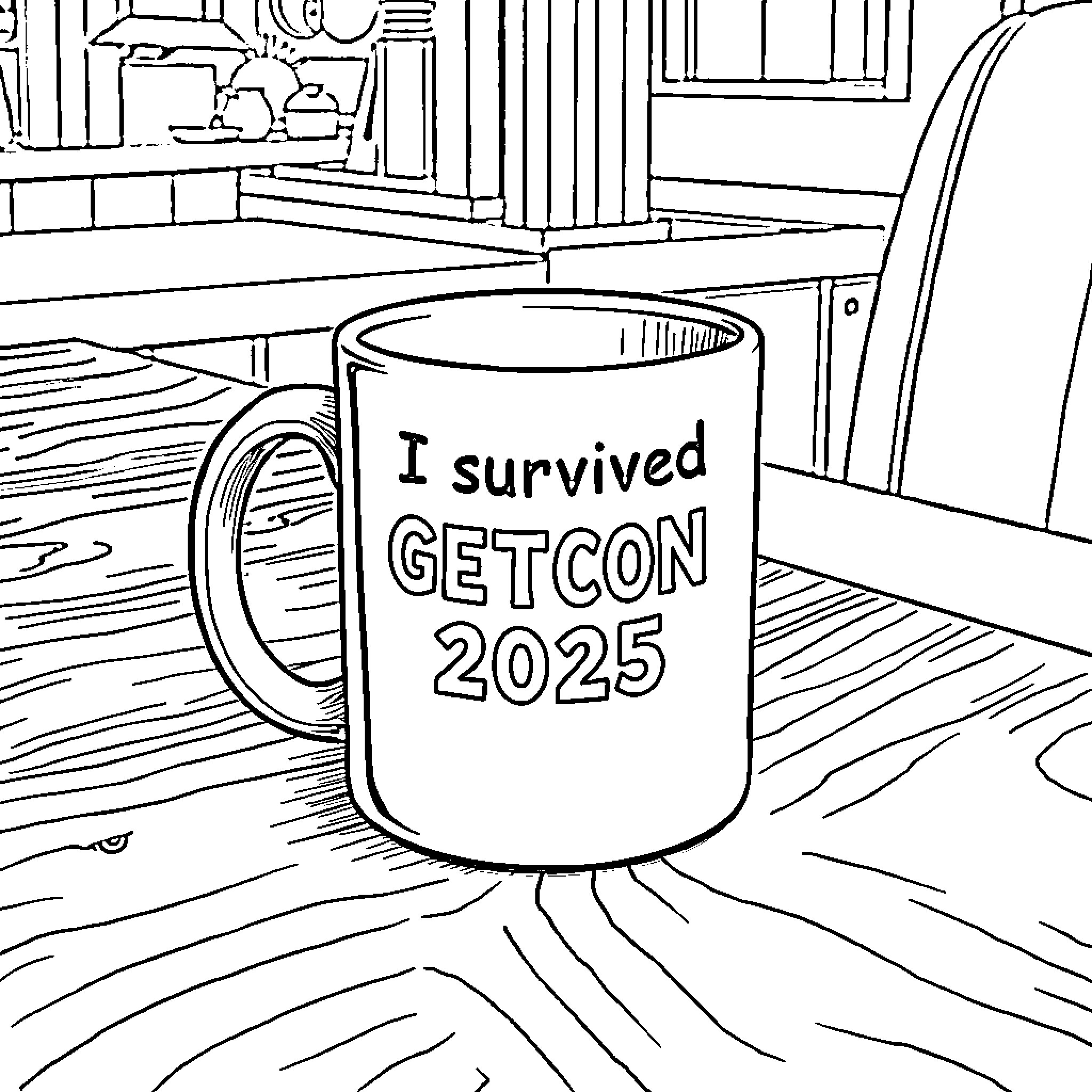 Coffee Mug with Humorous GETCON 2025 Slogan Coloring Page (free black-and-white line drawing printable PDF for all, from beginners to advanced learners, including children, teens, adults, and seniors)