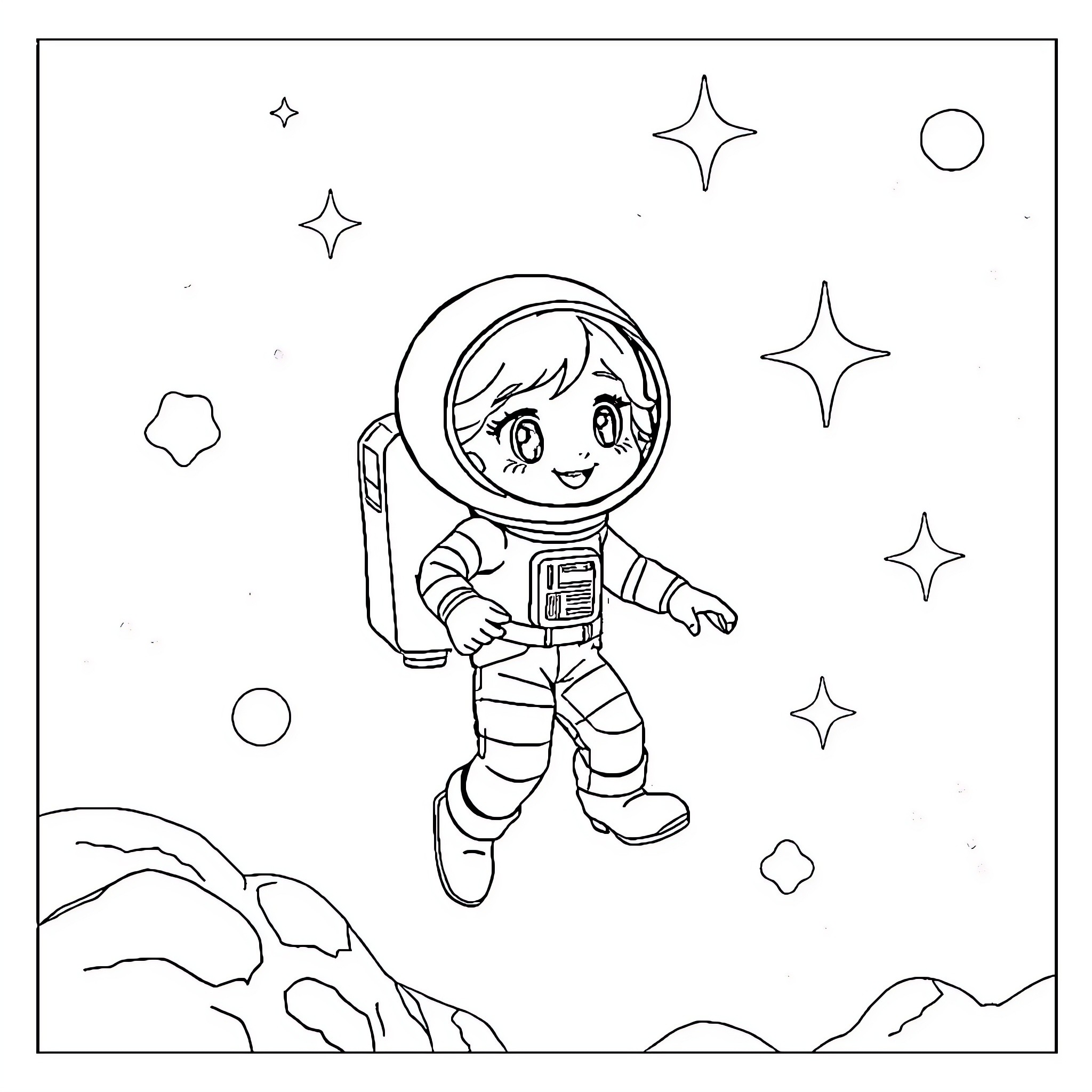 Stella's Stellar Space Adventure Coloring Page (free black-and-white line drawing printable PDF for all, from beginners to advanced learners, including children, teens, adults, and seniors)