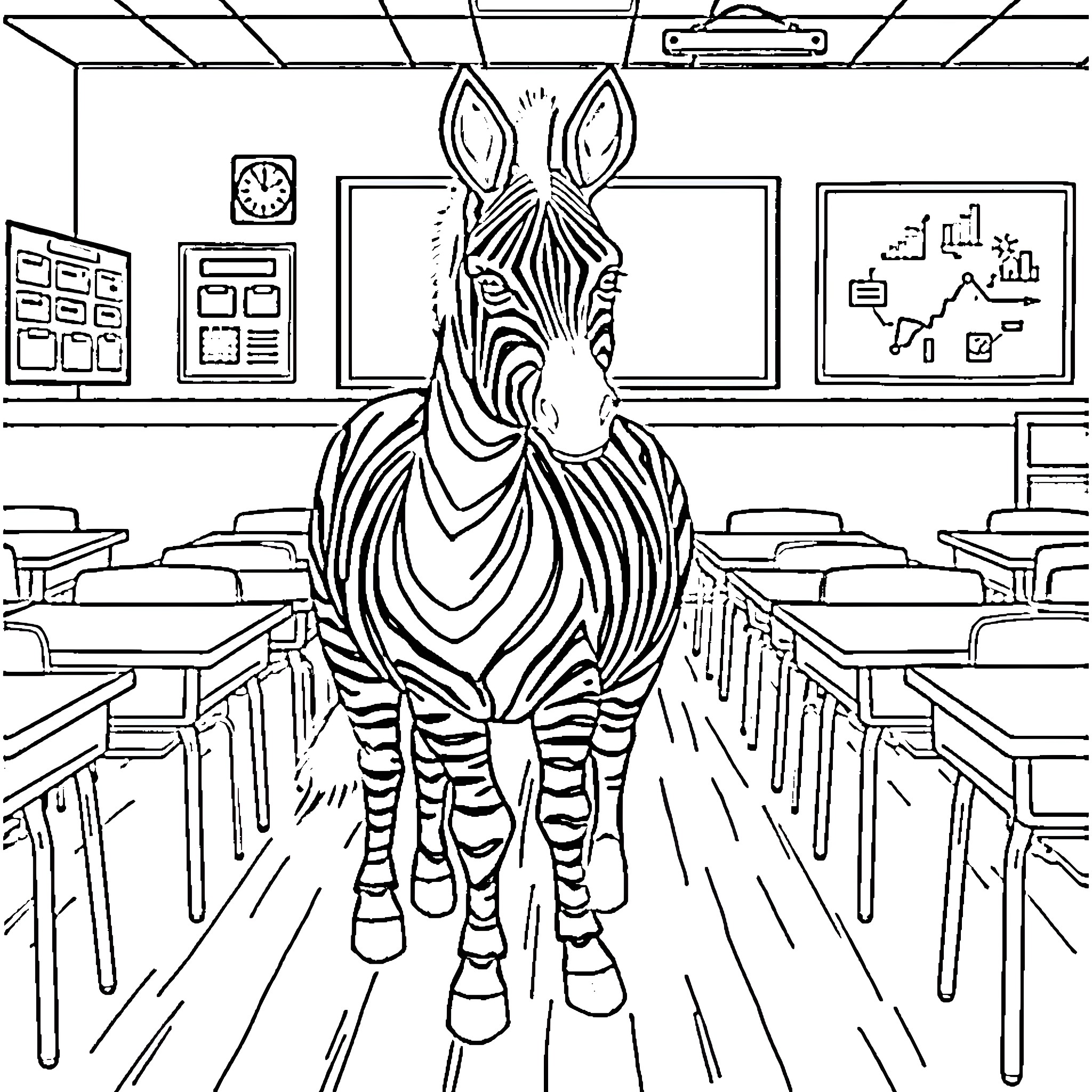 Zebra standing in an empty classroom Coloring Page (free black-and-white line drawing printable PDF for all, from beginners to advanced learners, including children, teens, adults, and seniors)