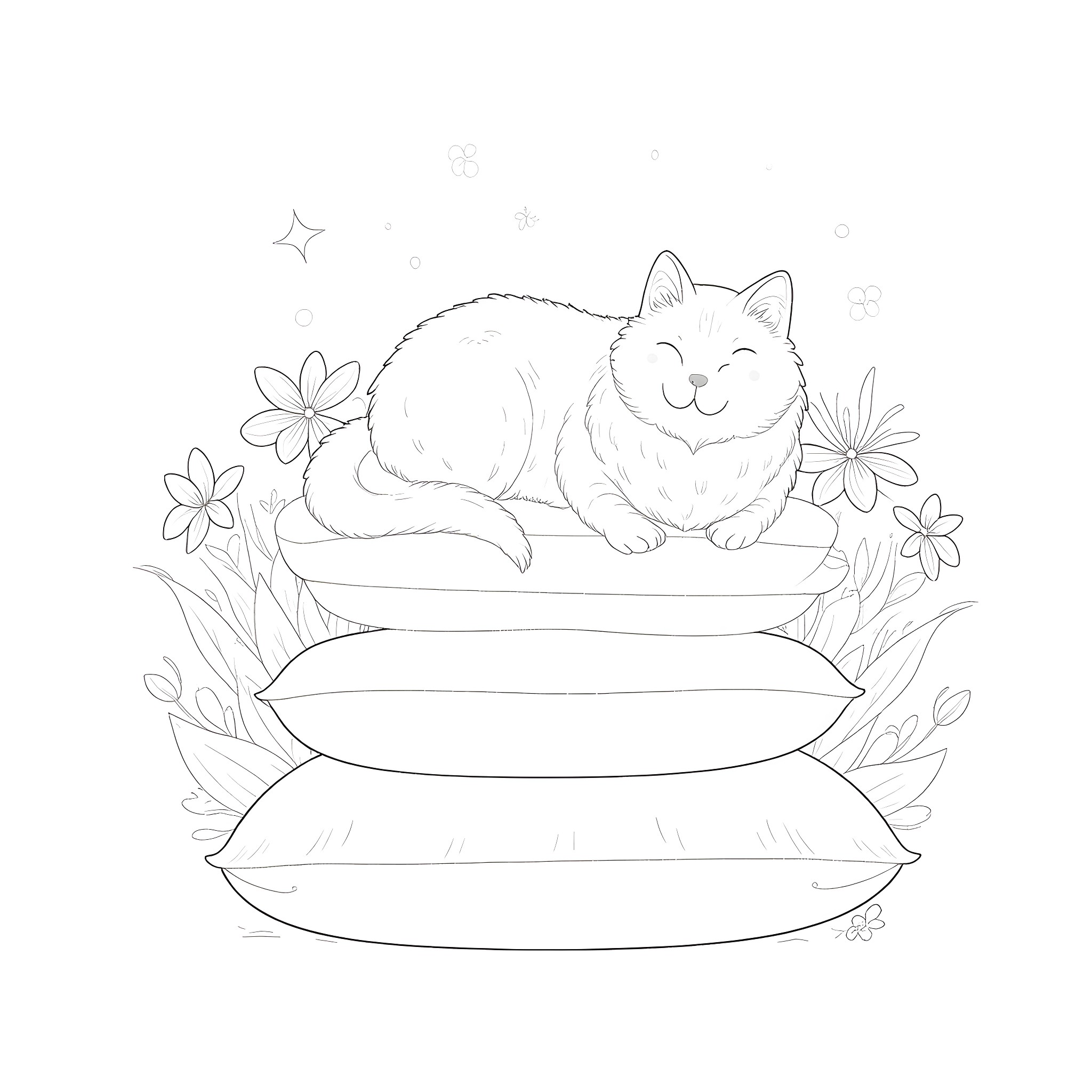 Cat napping peacefully on a cushion amidst flowers Coloring Page (free black-and-white line drawing printable PDF for all, from beginners to advanced learners, including children, teens, adults, and seniors)