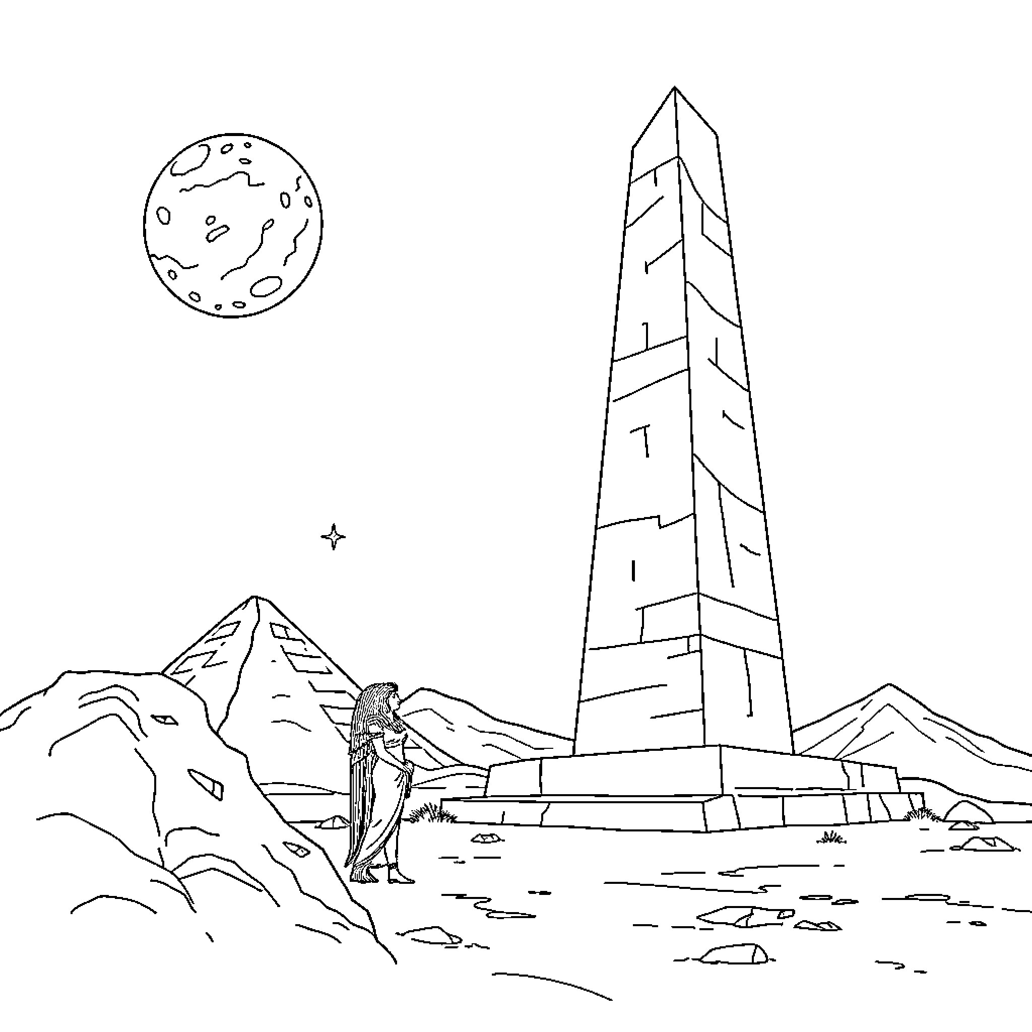 Cleopatra's Monument Overlooking the Pyramids Coloring Page (free black-and-white line drawing printable PDF for all, from beginners to advanced learners, including children, teens, adults, and seniors)