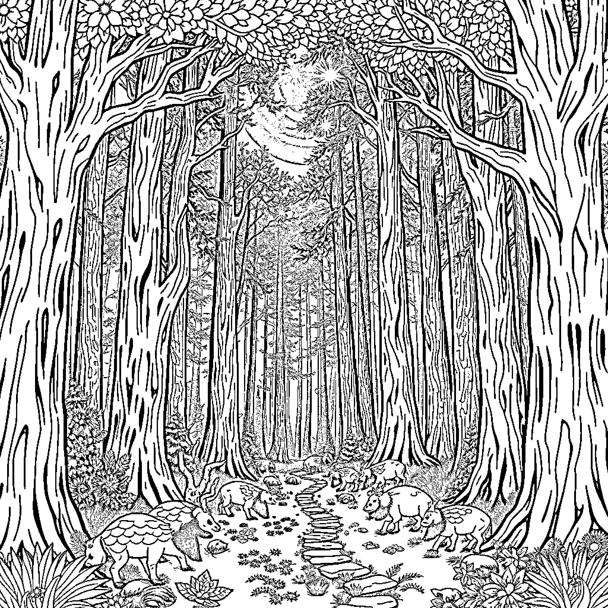Forest teeming with intricate details and wildlife Coloring Page (free black-and-white line drawing printable PDF for all, from beginners to advanced learners, including children, teens, adults, and seniors)