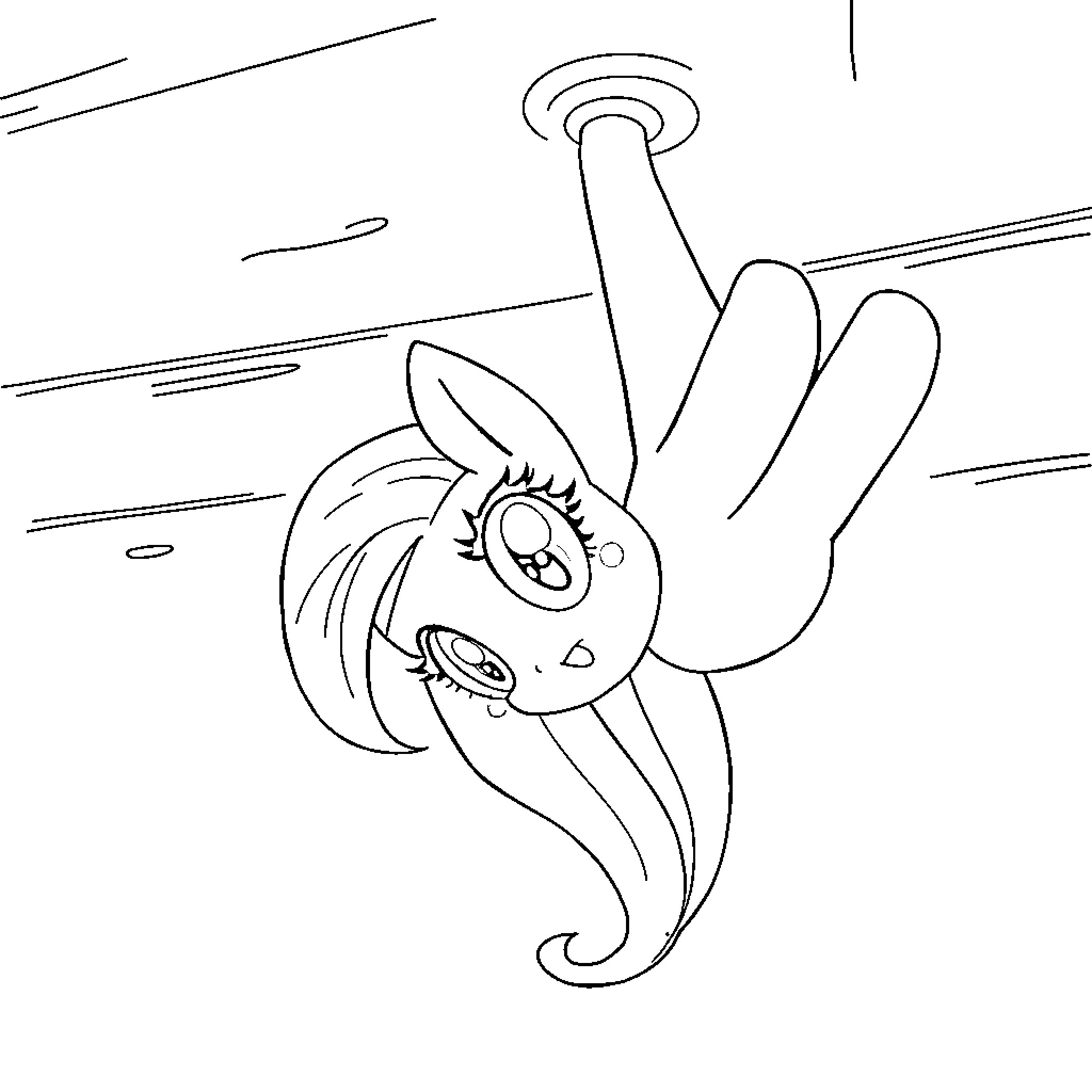 Ponyo floating whimsically in the sky Coloring Page (free black-and-white line drawing printable PDF for all, from beginners to advanced learners, including children, teens, adults, and seniors)