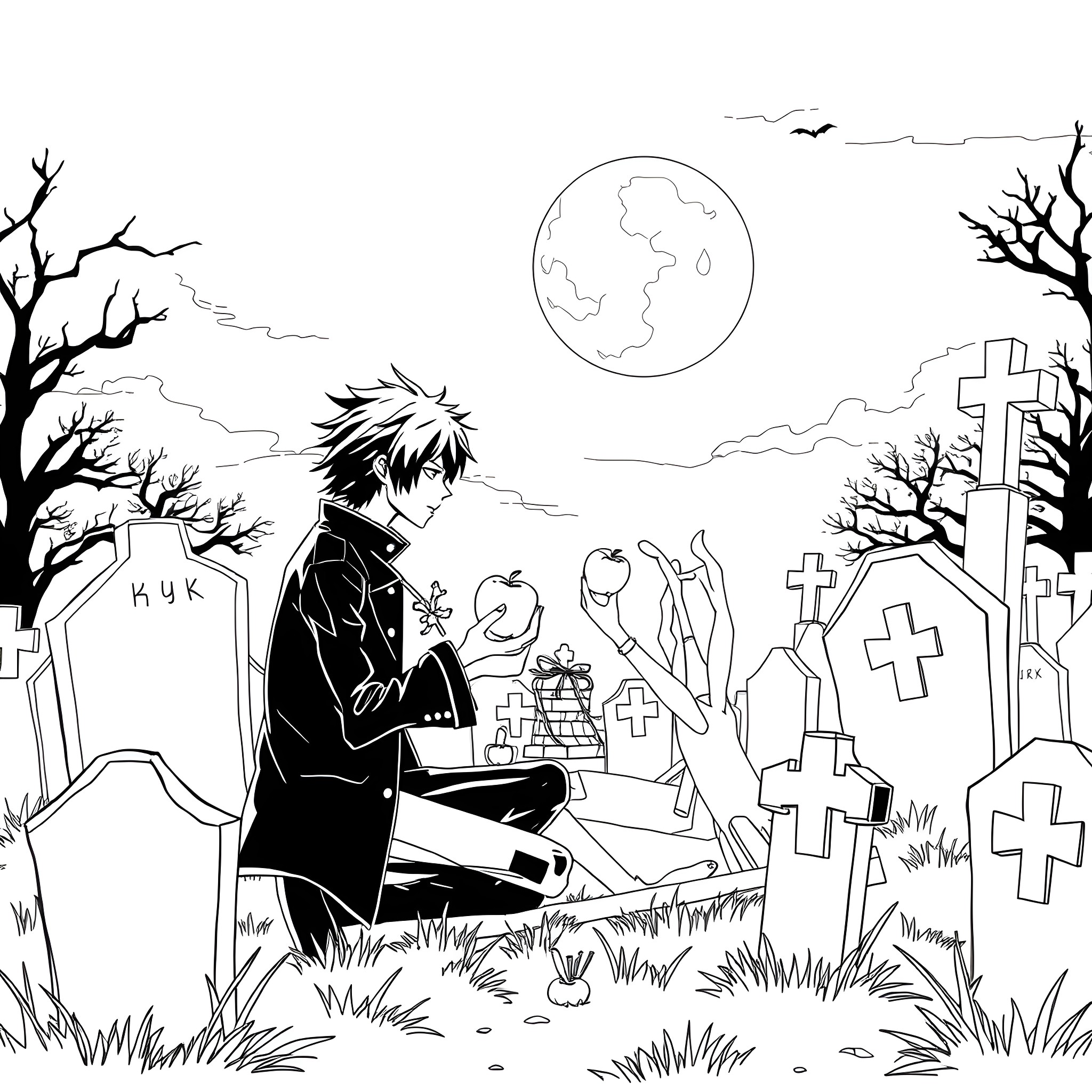Light Yagami mourning at a gravesite in a moonlit cemetery Coloring Page (free black-and-white line drawing printable PDF for all, from beginners to advanced learners, including children, teens, adults, and seniors)