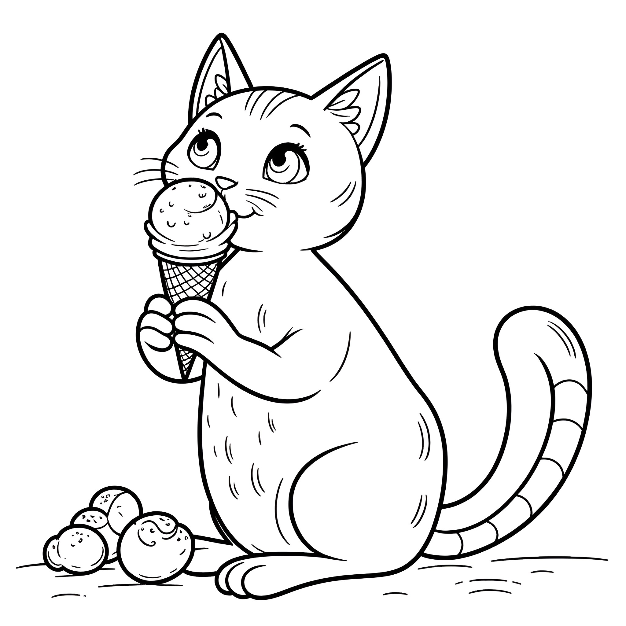 Cat enjoying an ice cream cone Coloring Page (free black-and-white line drawing printable PDF for all, from beginners to advanced learners, including children, teens, adults, and seniors)