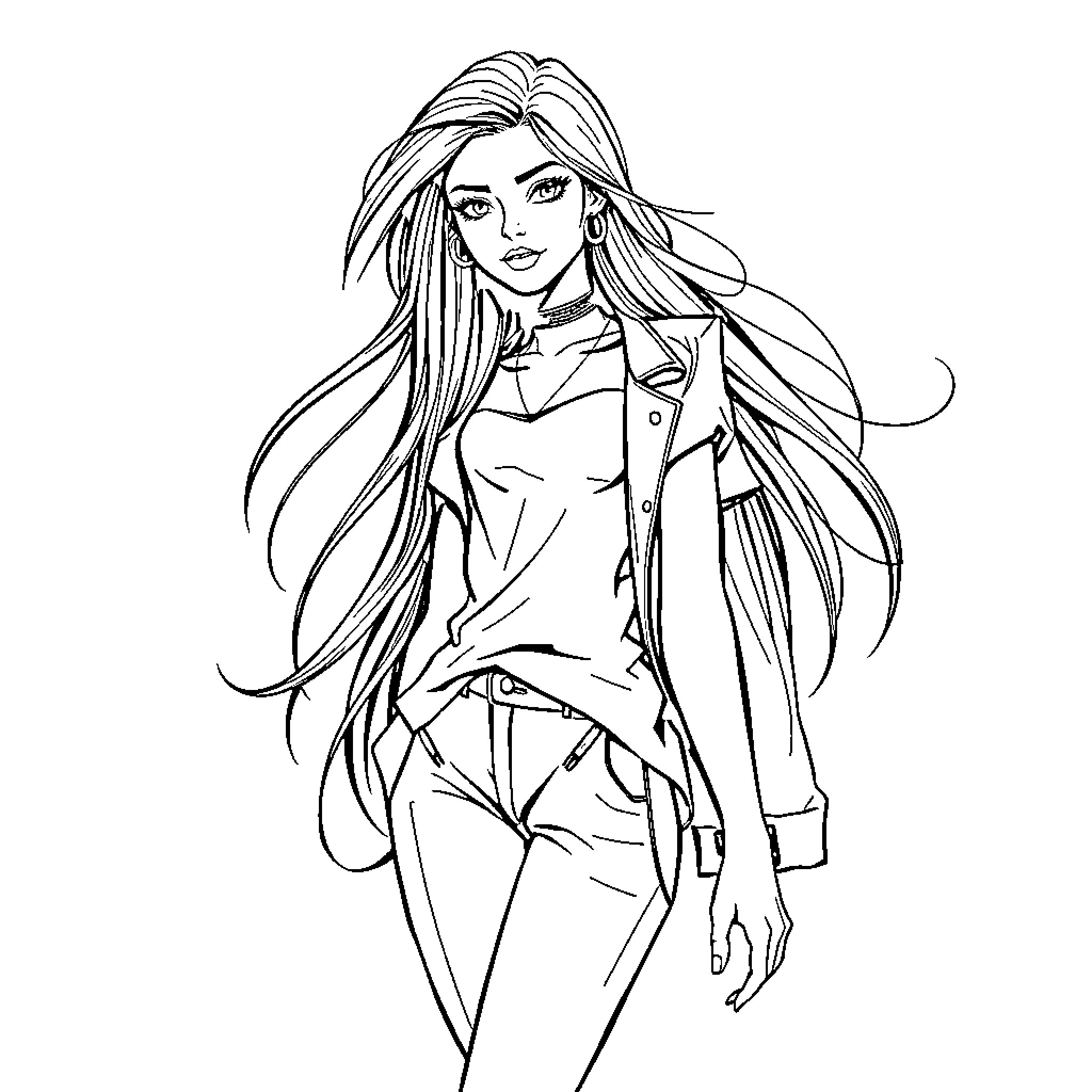 Model with long hair in casual outfit Coloring Page (free black-and-white line drawing printable PDF for all, from beginners to advanced learners, including children, teens, adults, and seniors)