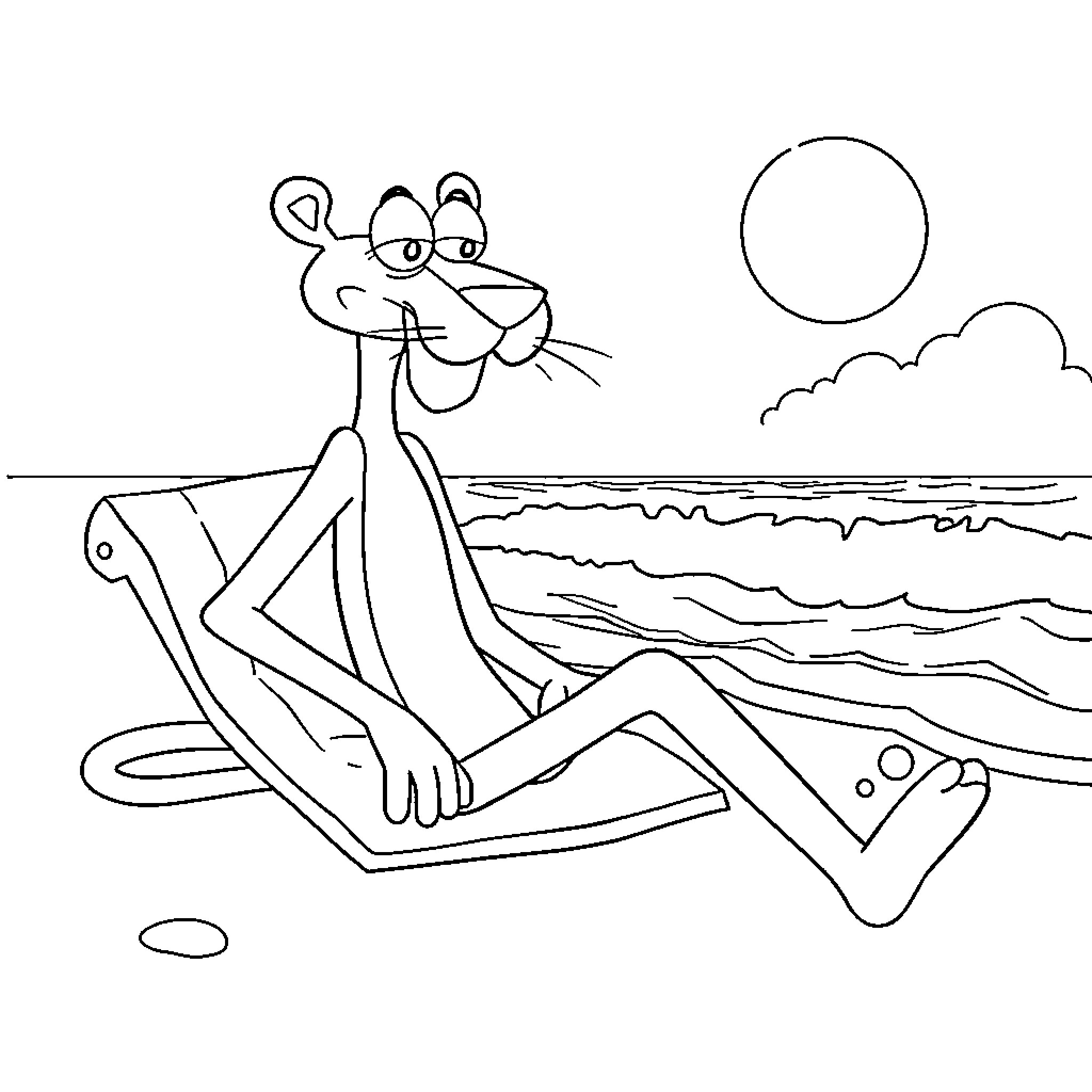 Pink Panther relaxing on the beach Coloring Page (free black-and-white line drawing printable PDF for all, from beginners to advanced learners, including children, teens, adults, and seniors)
