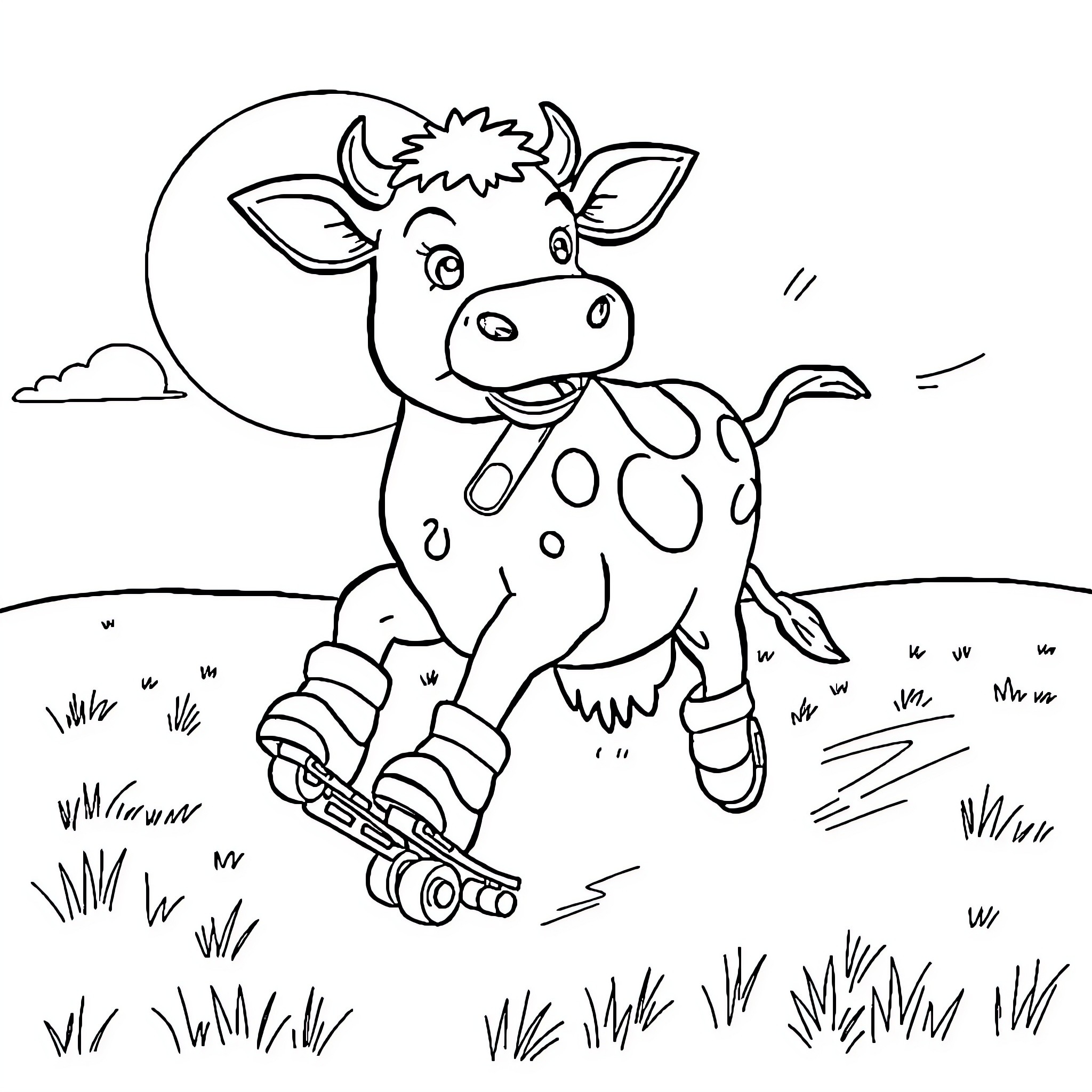 Cow riding skateboard under the moon Coloring Page (free black-and-white line drawing printable PDF for all, from beginners to advanced learners, including children, teens, adults, and seniors)