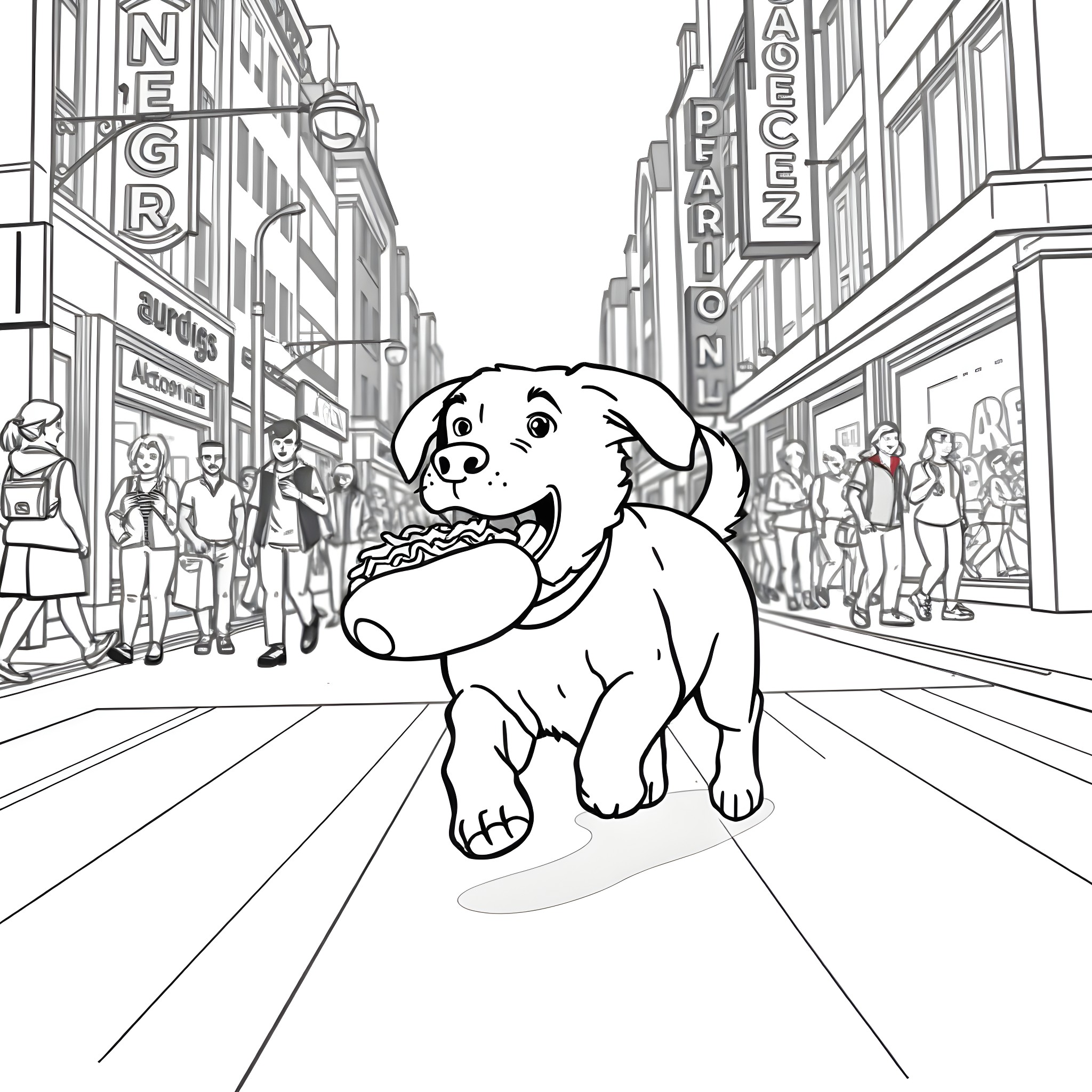 Dog happily walking in the city street Coloring Page (free black-and-white line drawing printable PDF for all, from beginners to advanced learners, including children, teens, adults, and seniors)