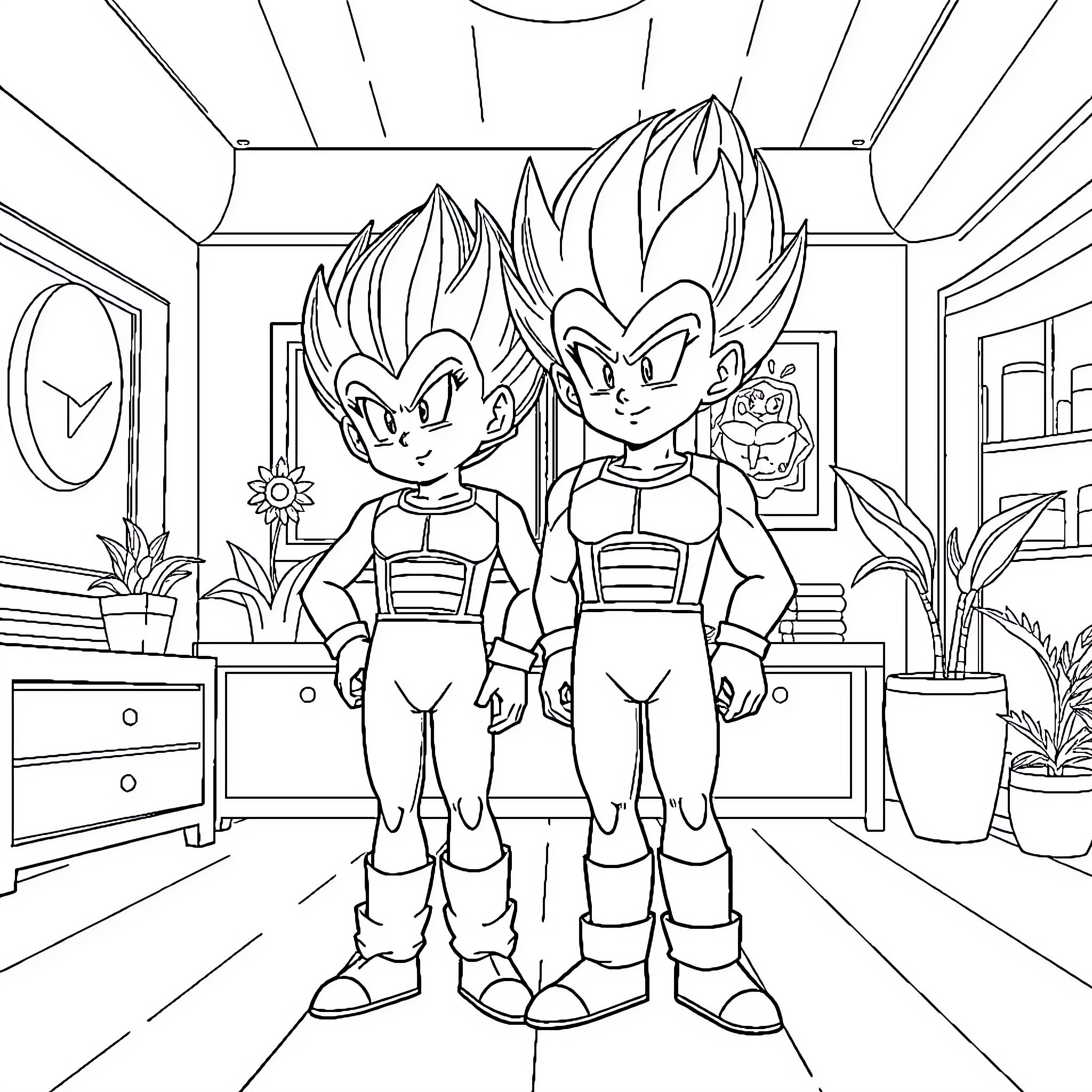 Vegeta characters in a stylized interior setting Coloring Page (free black-and-white line drawing printable PDF for all, from beginners to advanced learners, including children, teens, adults, and seniors)