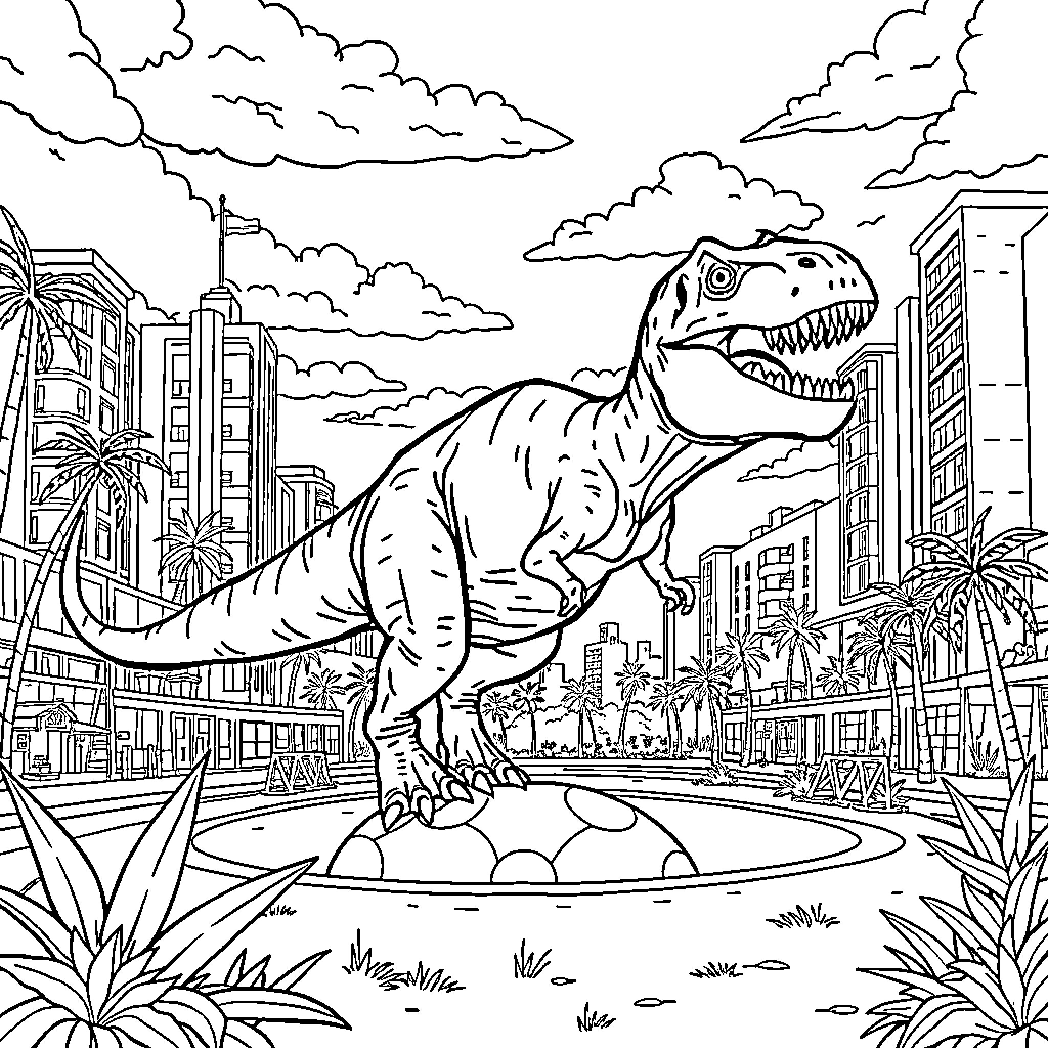 T-Rex Stomping through Cityscape Coloring Page (free black-and-white line drawing printable PDF for all, from beginners to advanced learners, including children, teens, adults, and seniors)