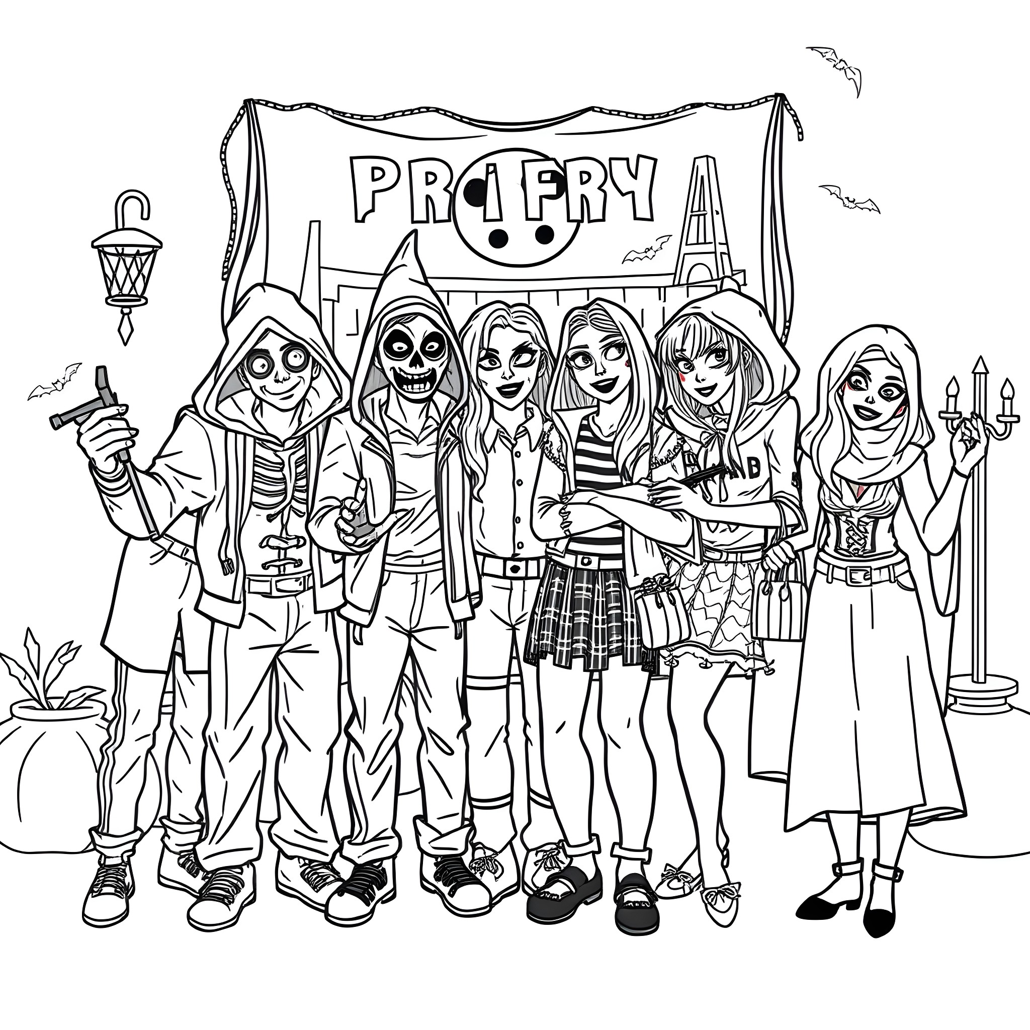 Friends posing together at a school event Coloring Page (free black-and-white line drawing printable PDF for all, from beginners to advanced learners, including children, teens, adults, and seniors)