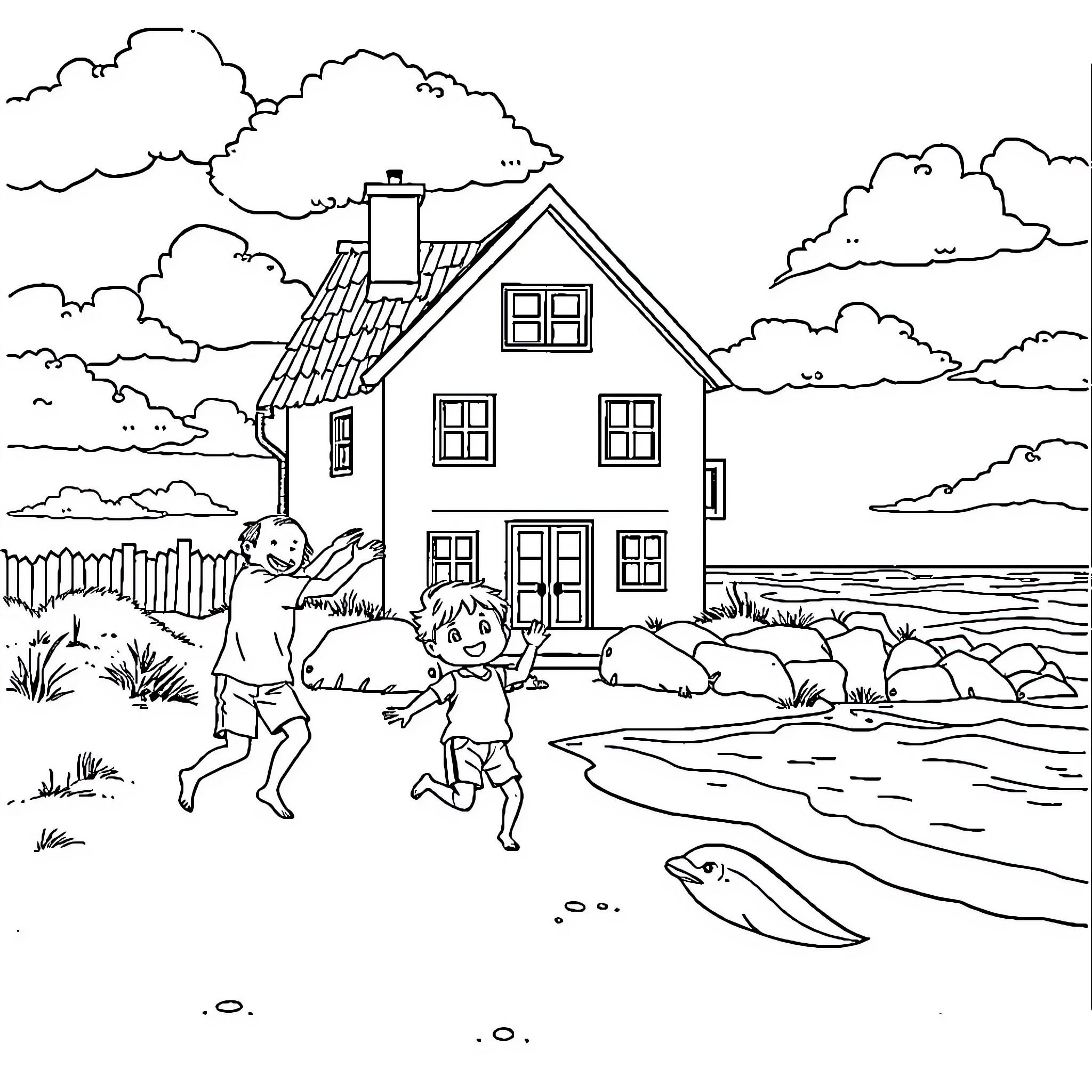 Enfant playing near the river by the house Coloring Page (free black-and-white line drawing printable PDF for all, from beginners to advanced learners, including children, teens, adults, and seniors)