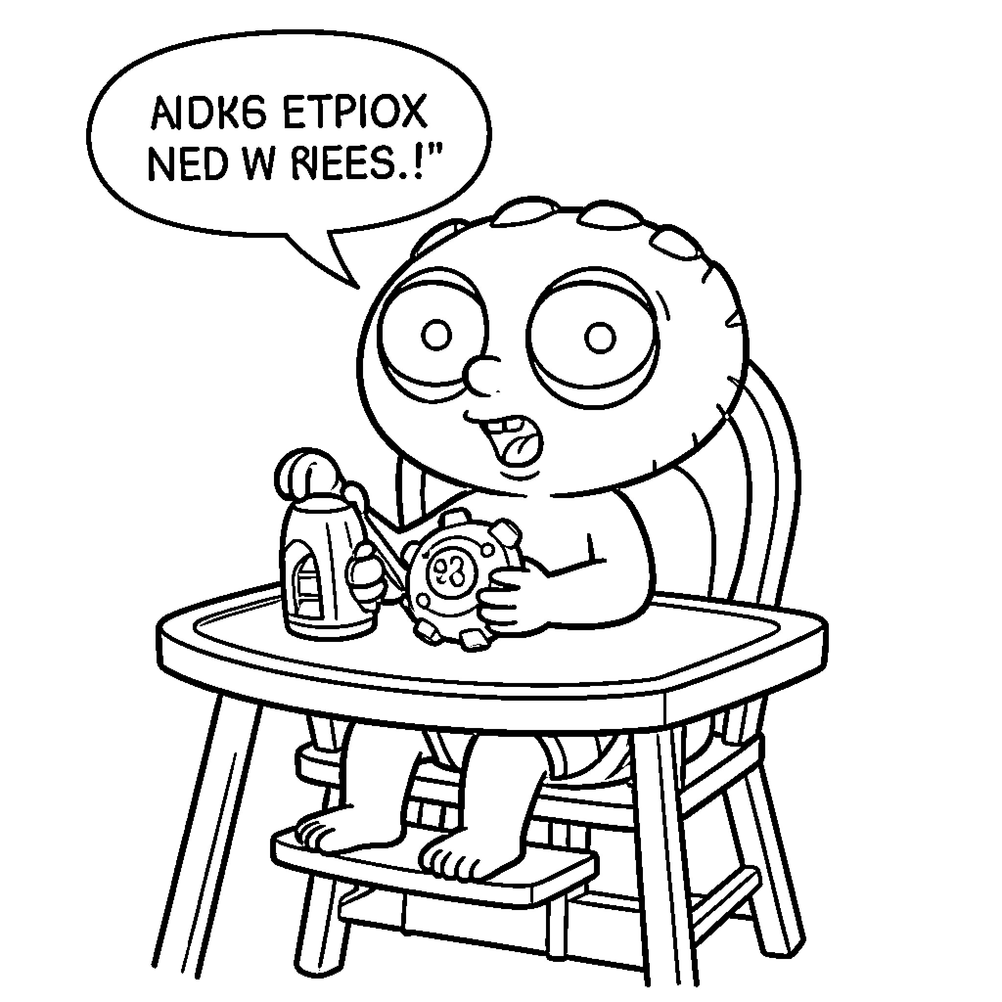 Stewie Griffin sitting at a table with toys Coloring Page (free black-and-white line drawing printable PDF for all, from beginners to advanced learners, including children, teens, adults, and seniors)