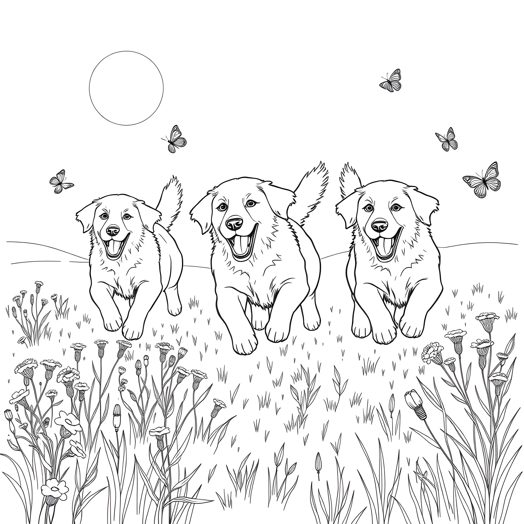 Retriever Puppies Frolicking in Meadow with Butterflies Coloring Page (free black-and-white line drawing printable PDF for all, from beginners to advanced learners, including children, teens, adults, and seniors)