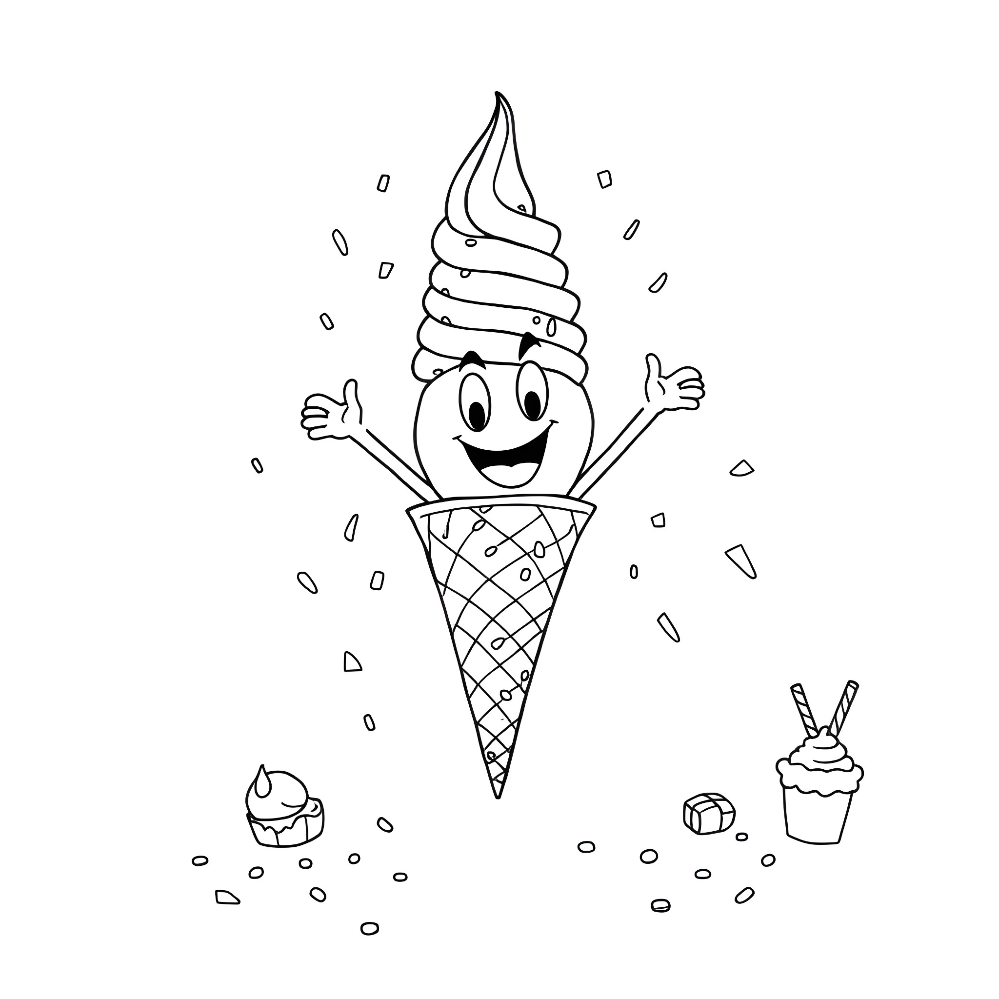 Enigma of the Joyful Ice Cream Cone Coloring Page (free black-and-white line drawing printable PDF for all, from beginners to advanced learners, including children, teens, adults, and seniors)