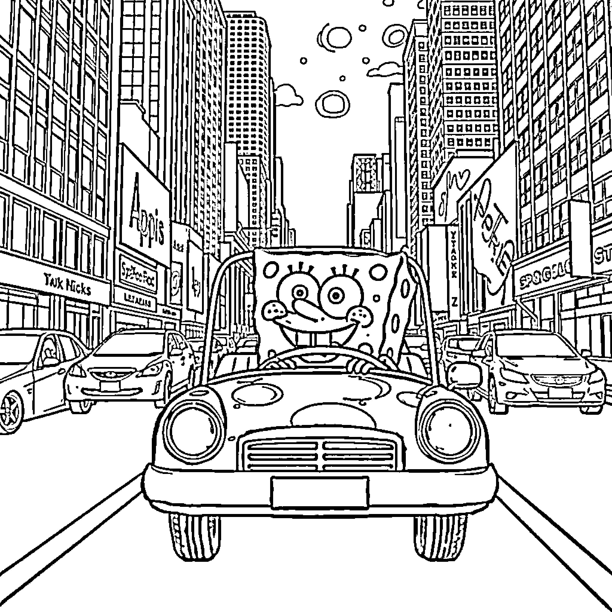 Spongebob's Crazy Ride through the City Coloring Page (free black-and-white line drawing printable PDF for all, from beginners to advanced learners, including children, teens, adults, and seniors)