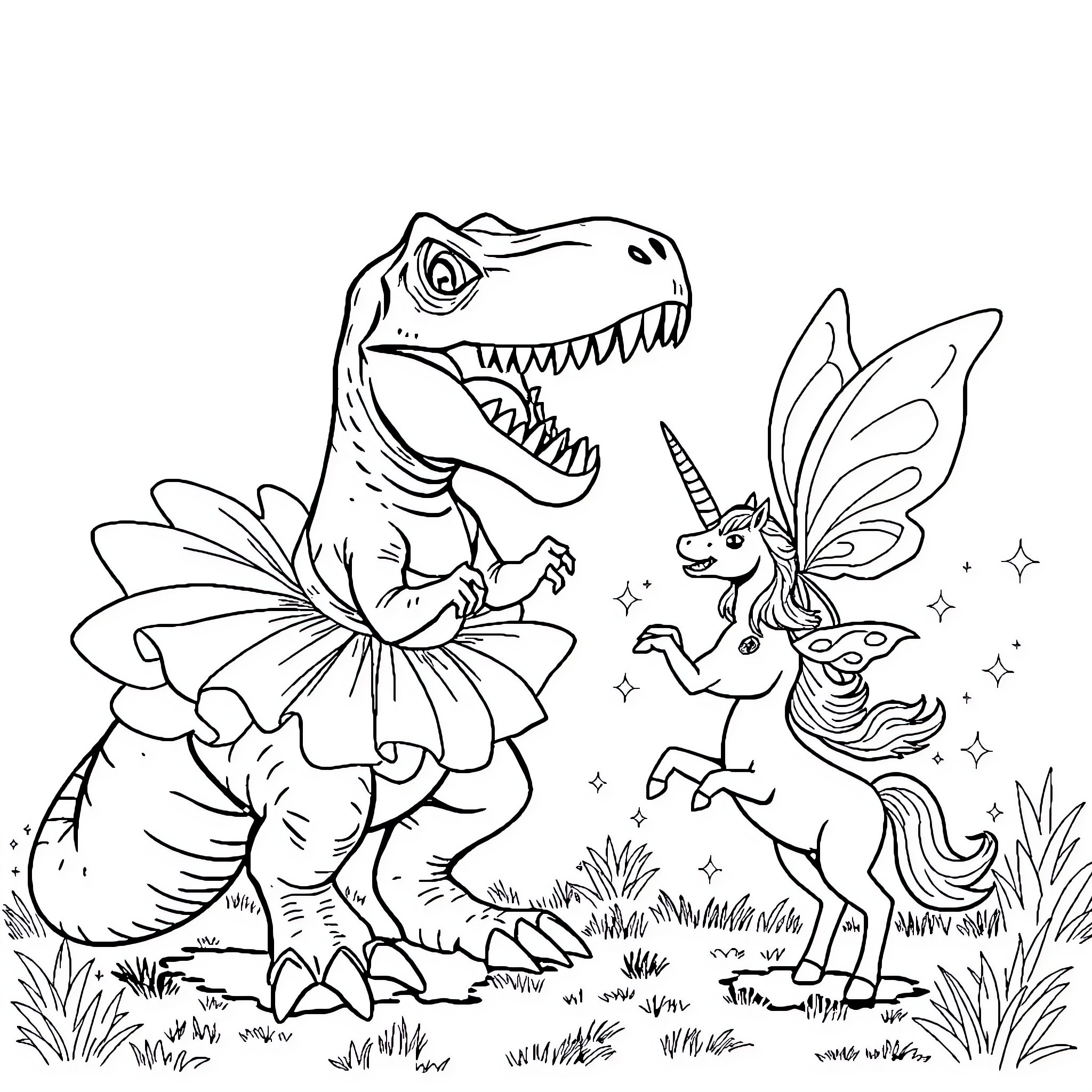 T-Rex Encounters Magical Unicorn in Enchanted Forest Coloring Page (free black-and-white line drawing printable PDF for all, from beginners to advanced learners, including children, teens, adults, and seniors)