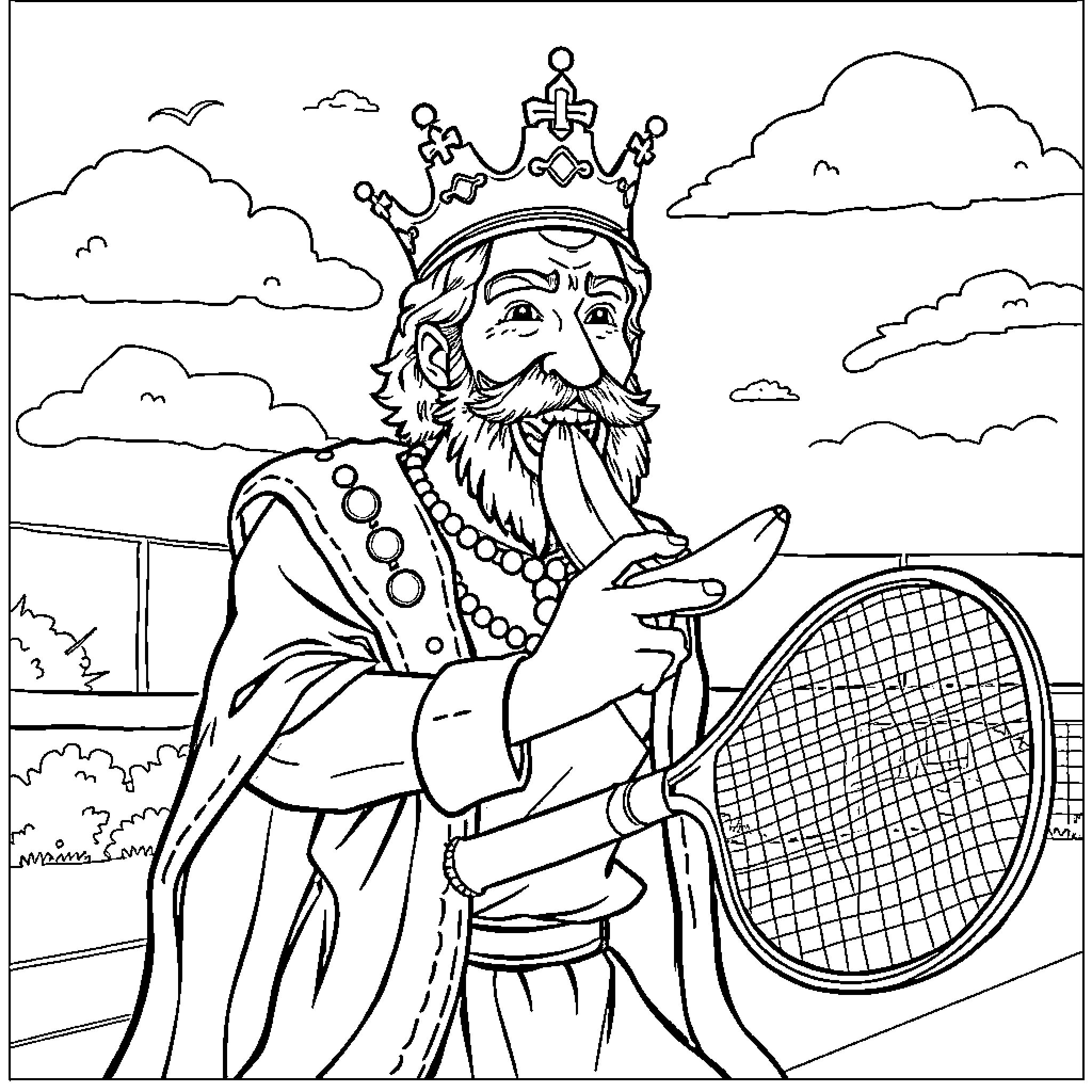 King Playing Tennis Amid Clouds Coloring Page (free black-and-white line drawing printable PDF for all, from beginners to advanced learners, including children, teens, adults, and seniors)
