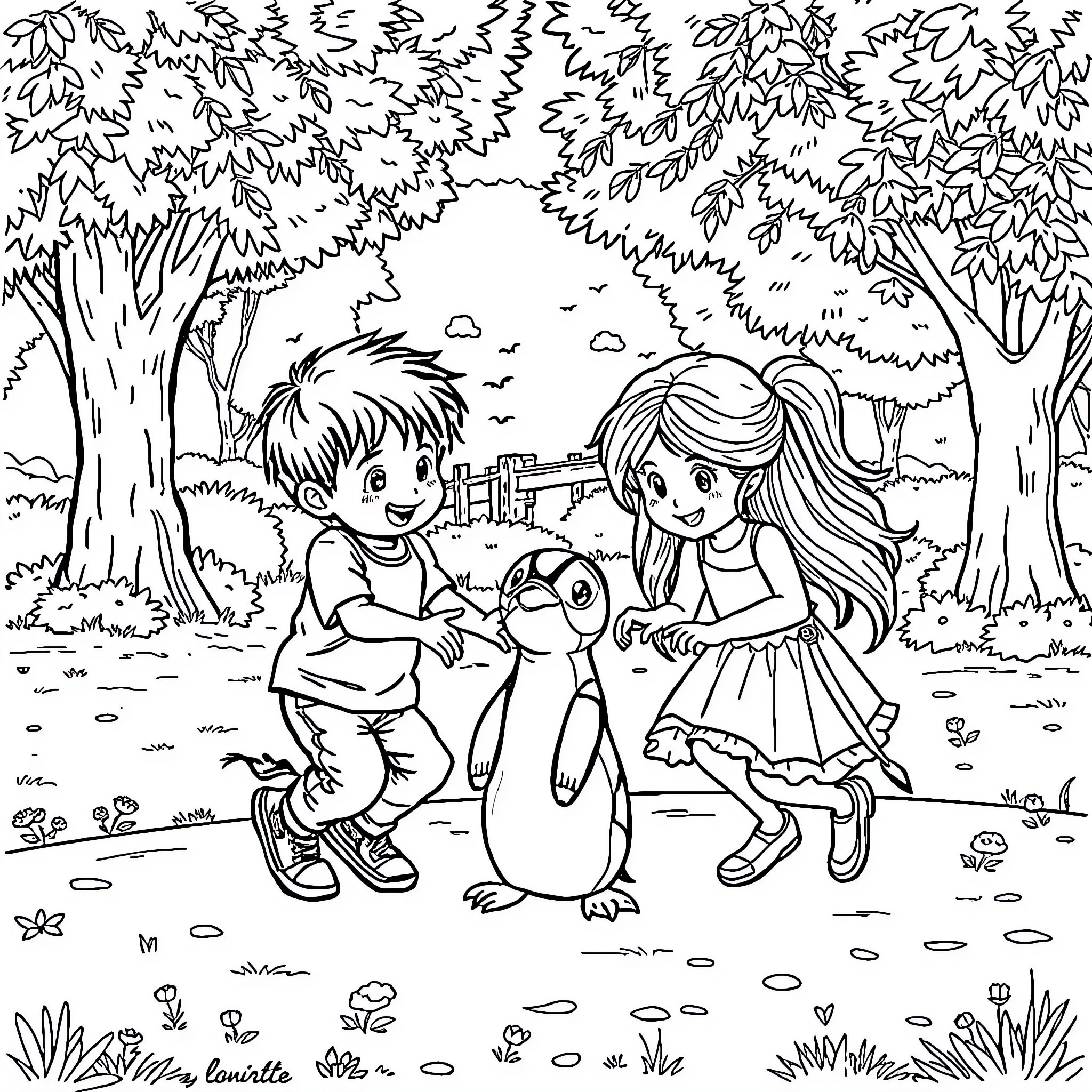Children playing happily with pet in the forest Coloring Page (free black-and-white line drawing printable PDF for all, from beginners to advanced learners, including children, teens, adults, and seniors)