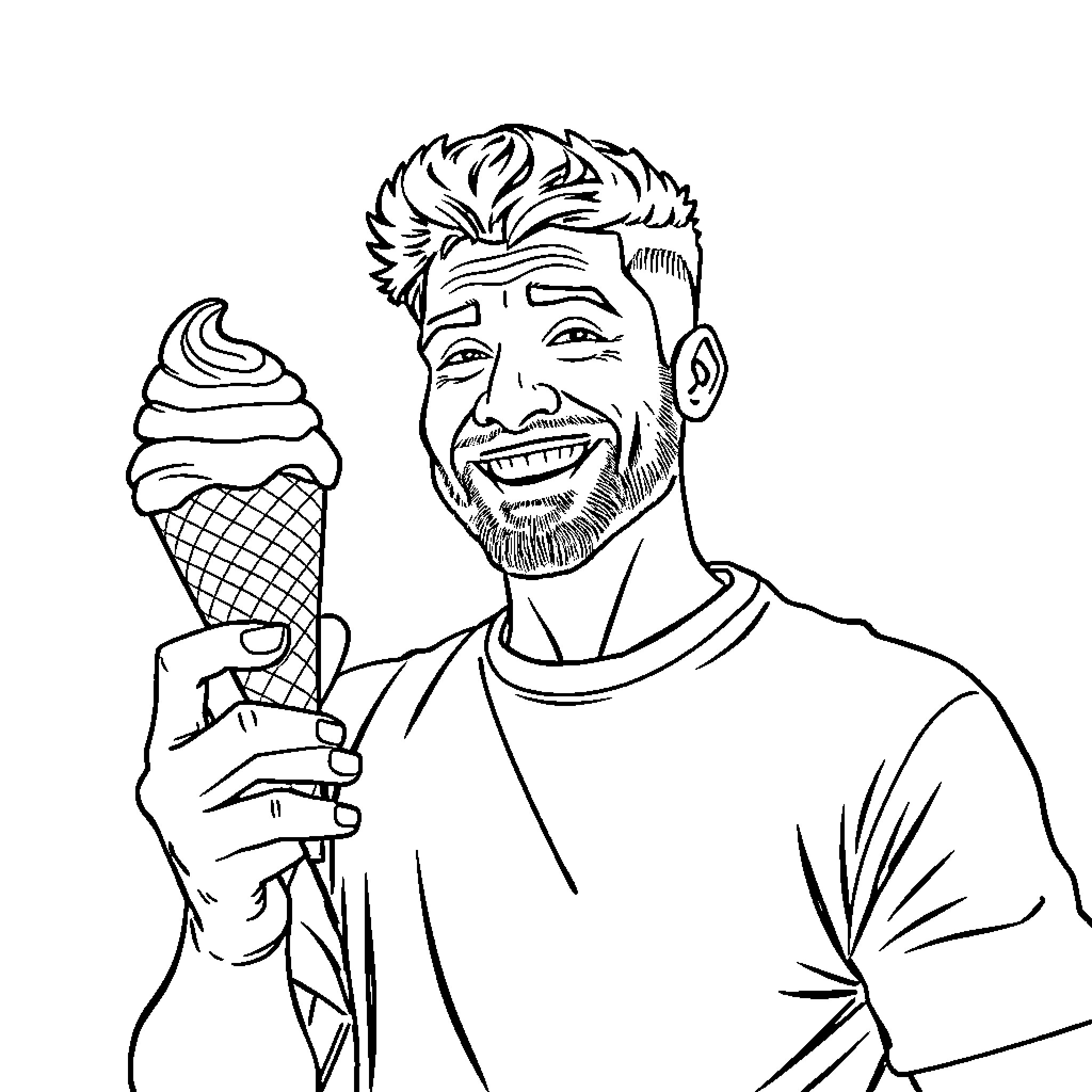 Man enjoying a delicious ice cream cone Coloring Page (free black-and-white line drawing printable PDF for all, from beginners to advanced learners, including children, teens, adults, and seniors)